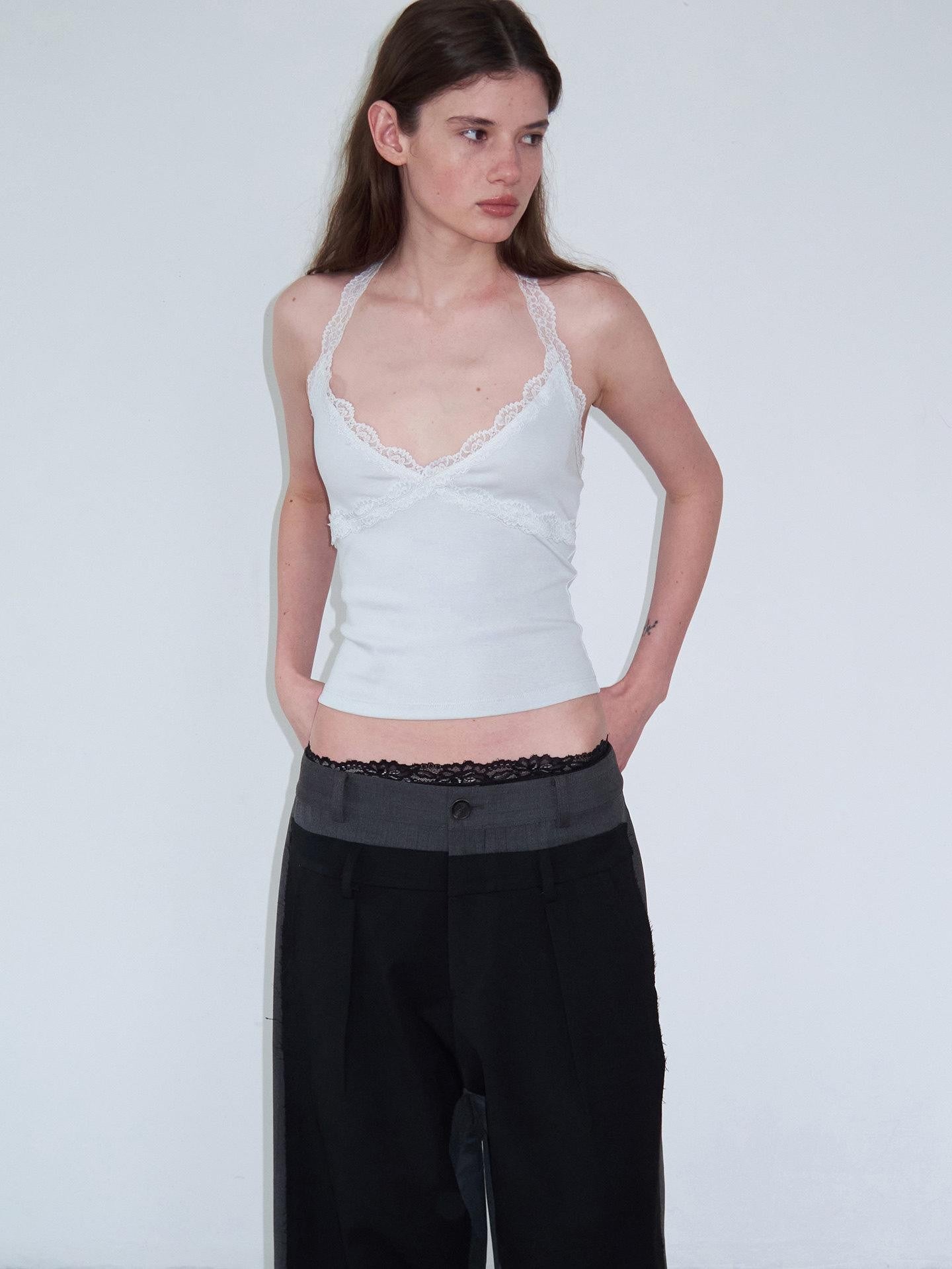 Delivery Lace Trim Backless Spliced V-neck Slim Short Women&