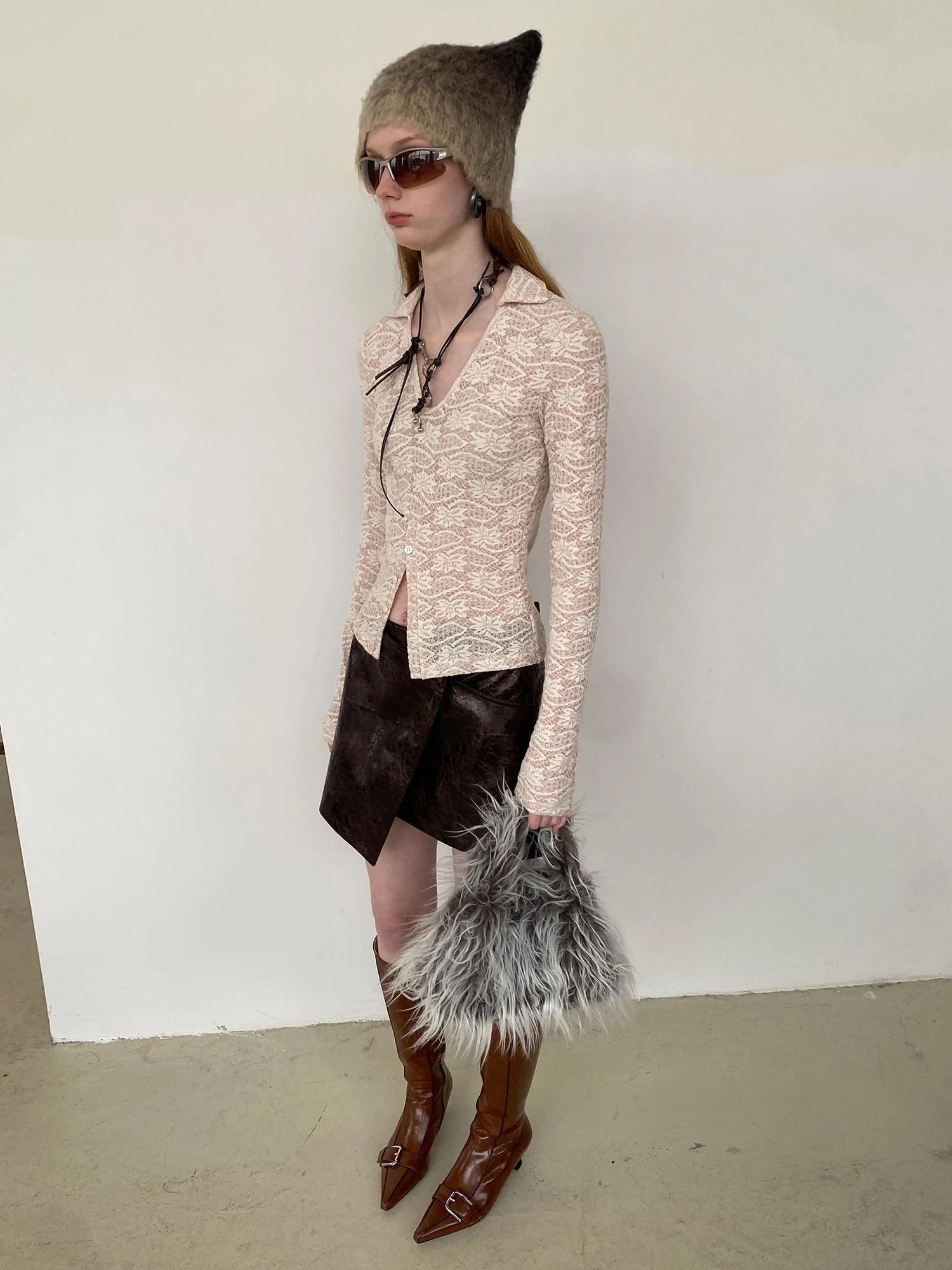 Lace V-Neck Rib Knit Crop Top with Slit