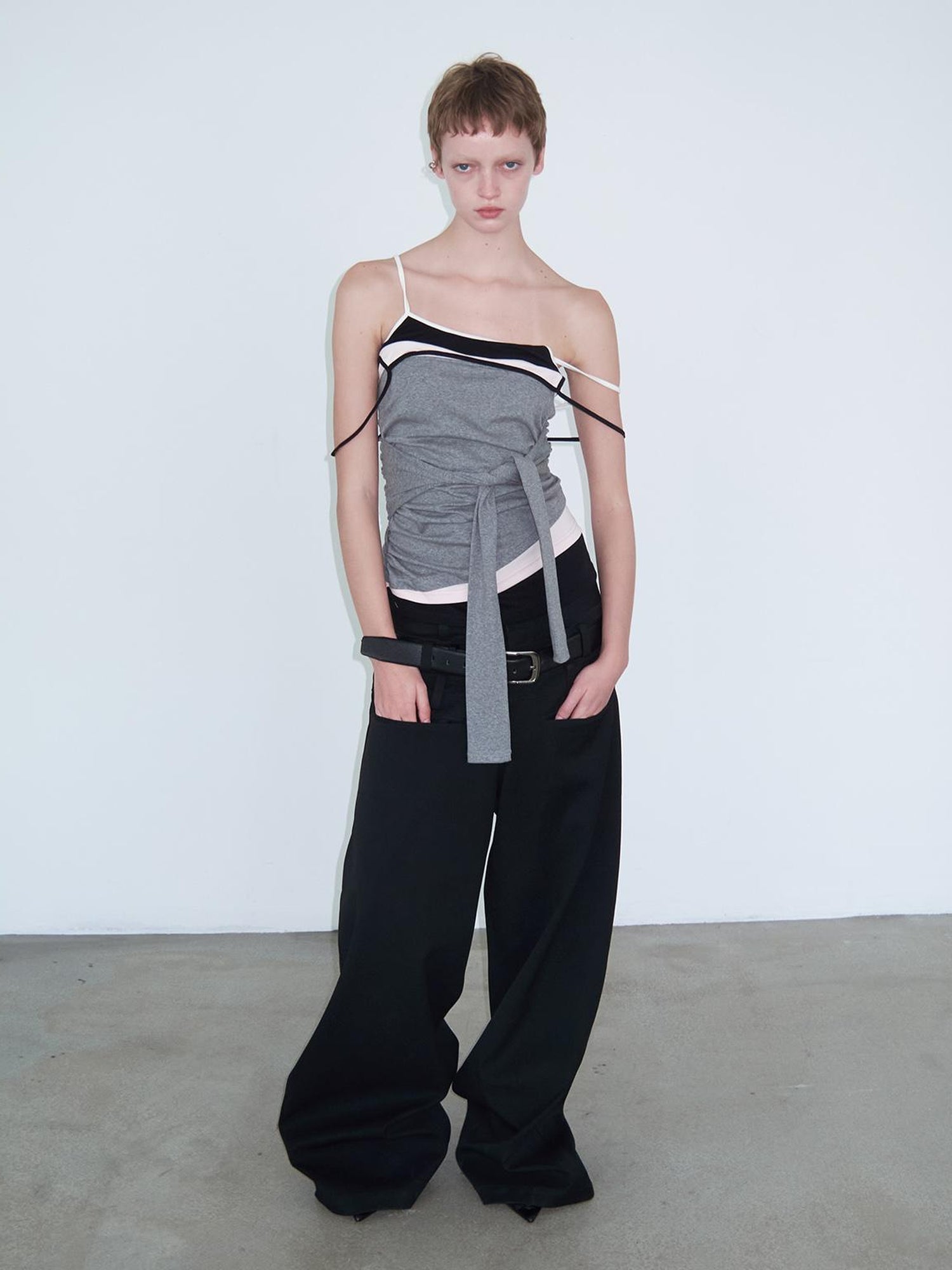 Delivery Layered Strappy Tank Top With Waist Ruffle Tie