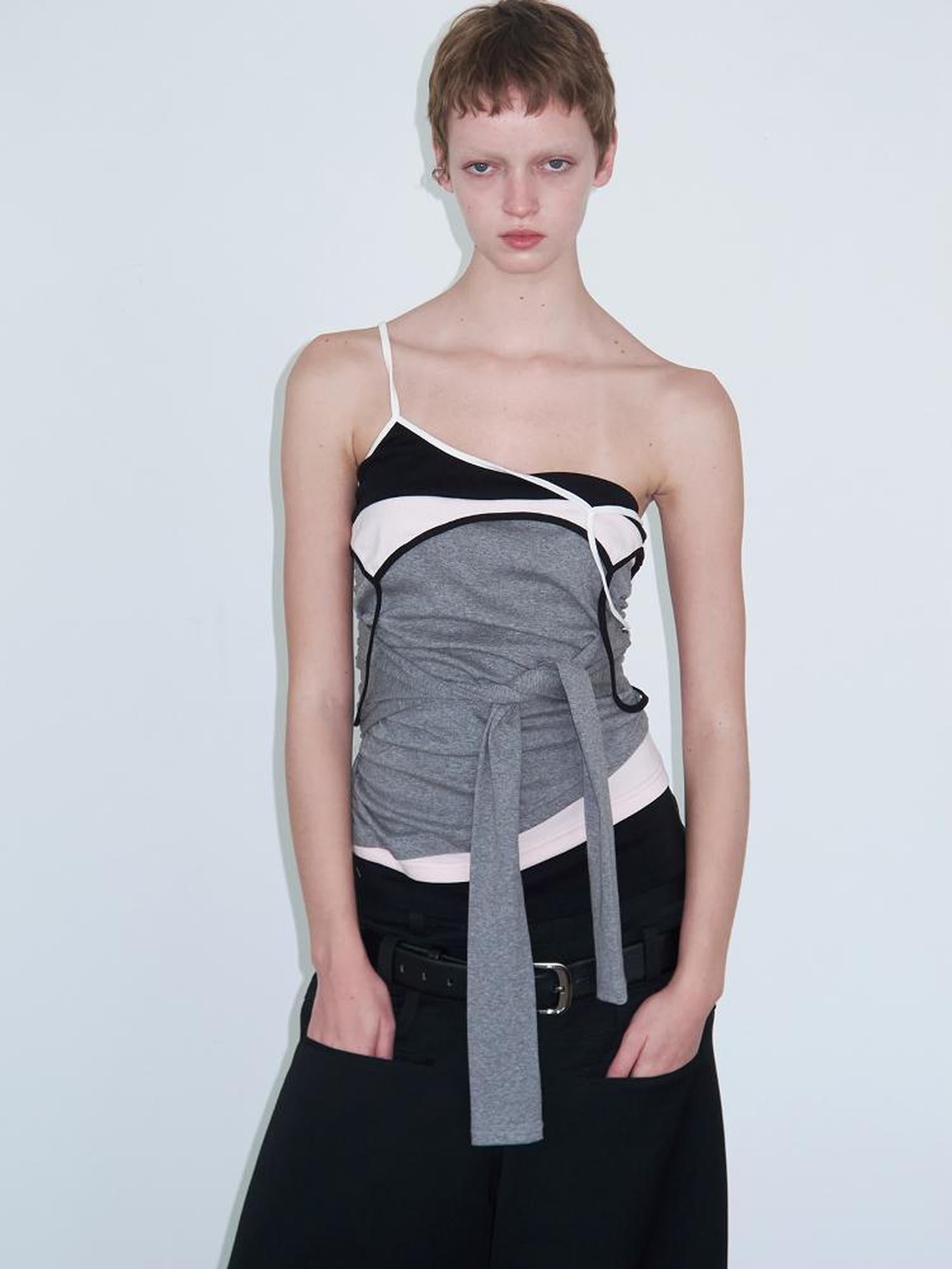 Delivery Layered Strappy Tank Top With Waist Ruffle Tie