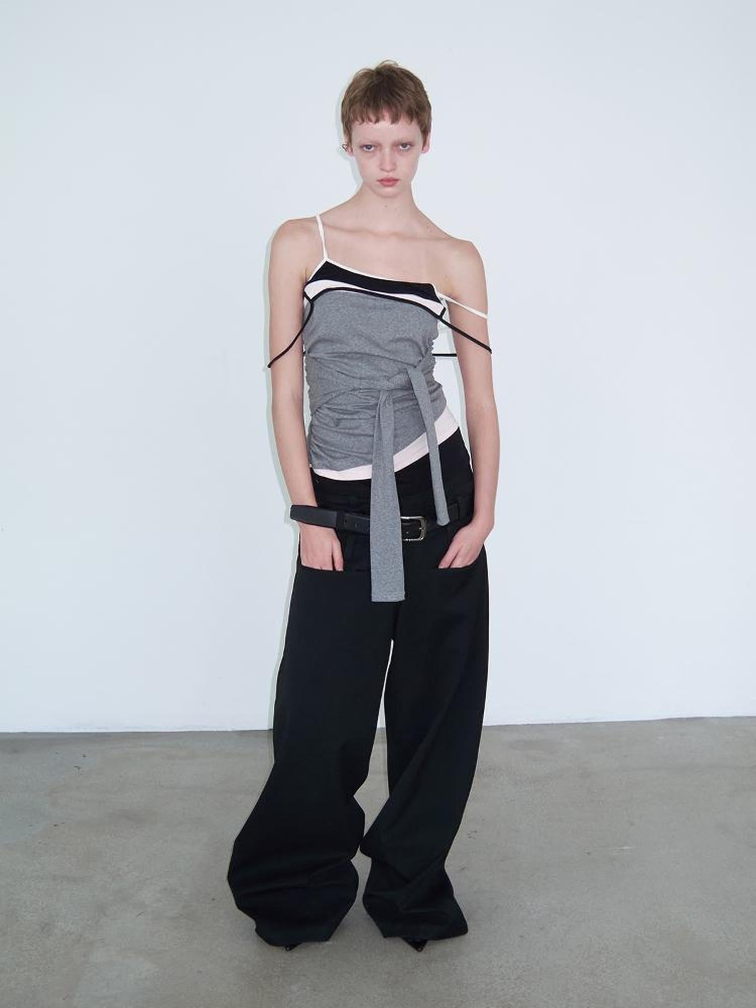 Delivery Layered Strappy Tank Top With Waist Ruffle Tie