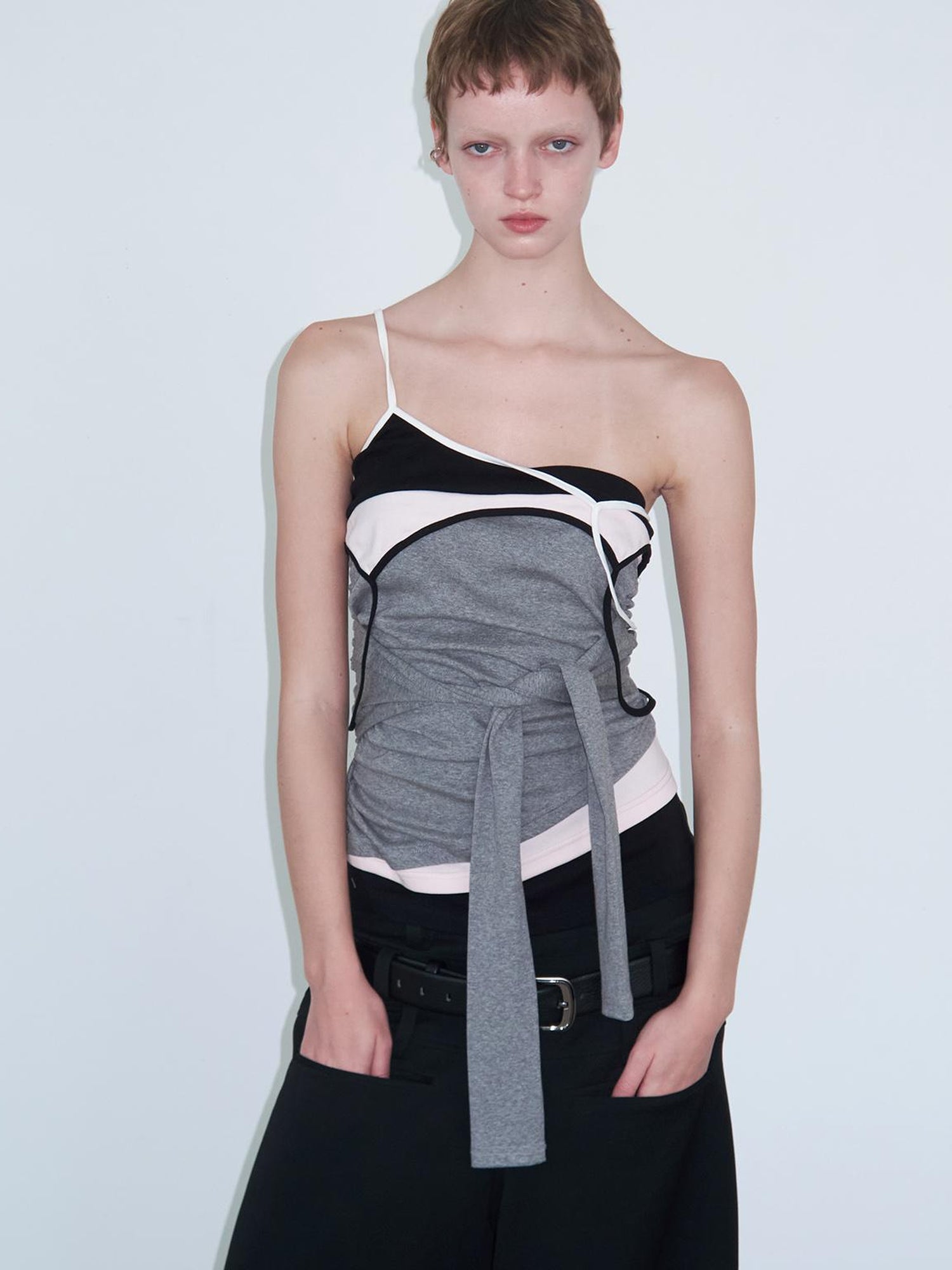 Delivery Layered Strappy Tank Top With Waist Ruffle Tie