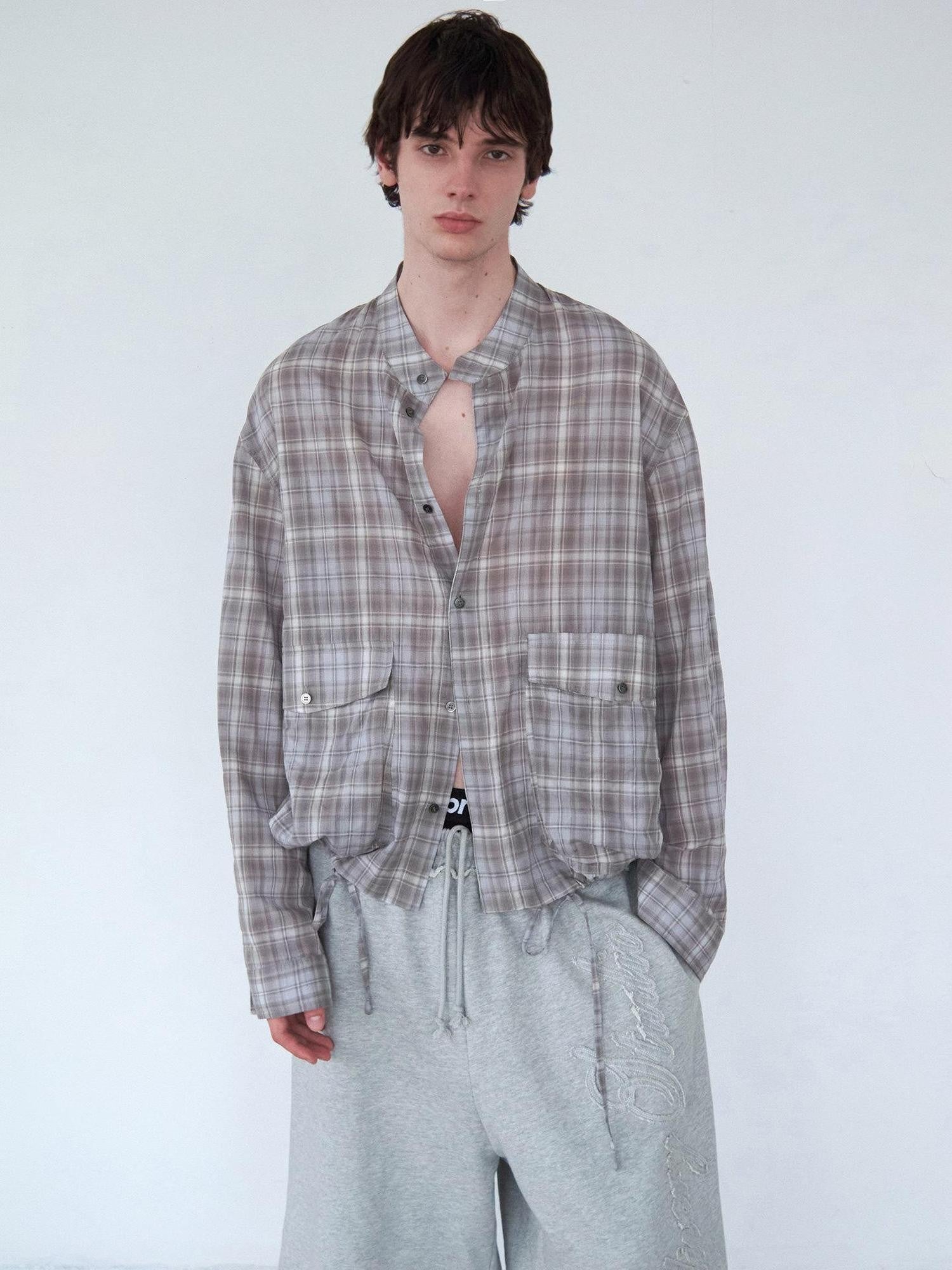 Delivery Light Grey Blue Check Stand Collar Crinkle Drawstring Women&