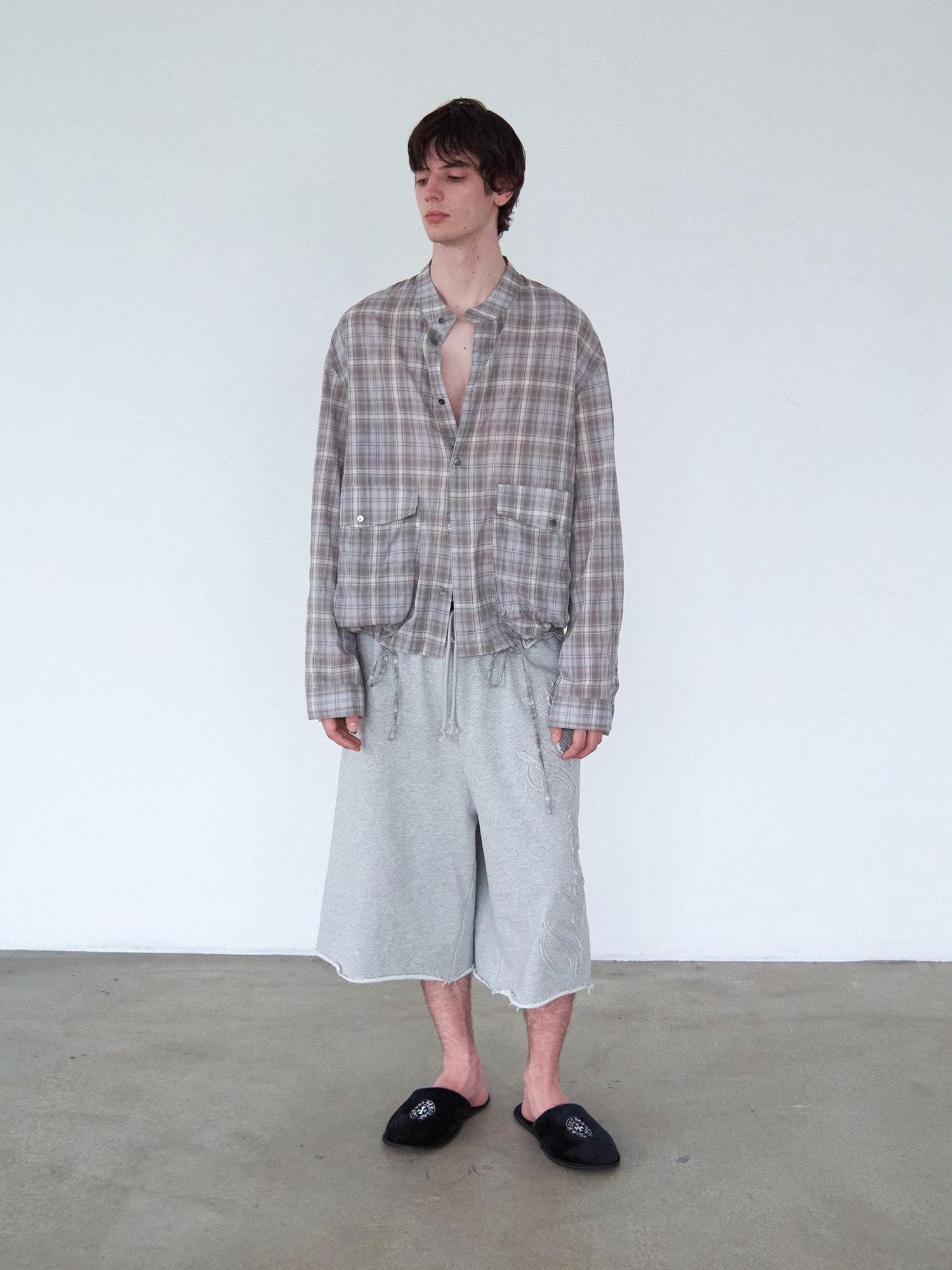 Delivery Light Grey Blue Check Stand Collar Crinkle Drawstring Women&