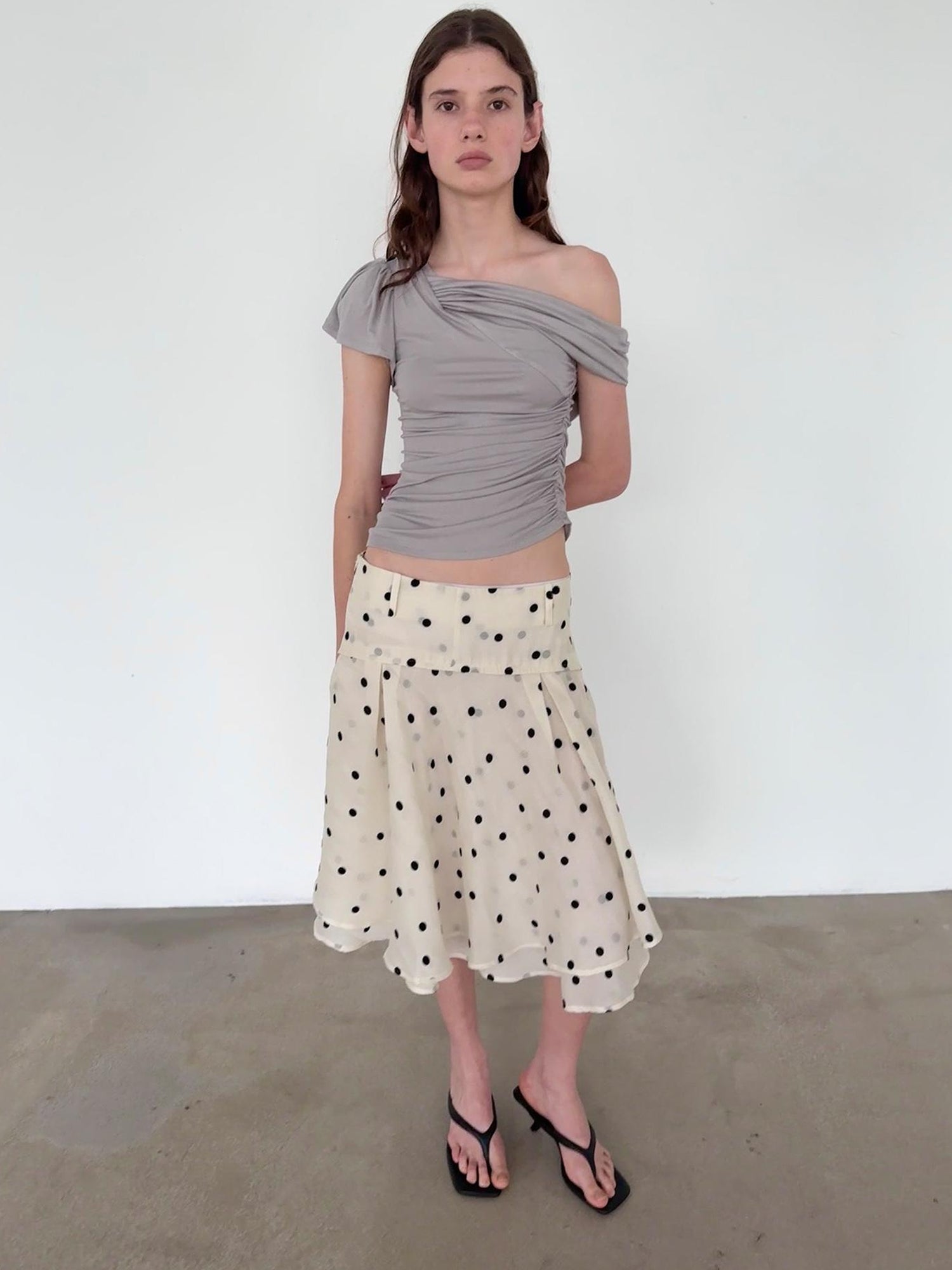 Delivery Low Waist Beige Flocked Black Polka Dot A Line Skirt