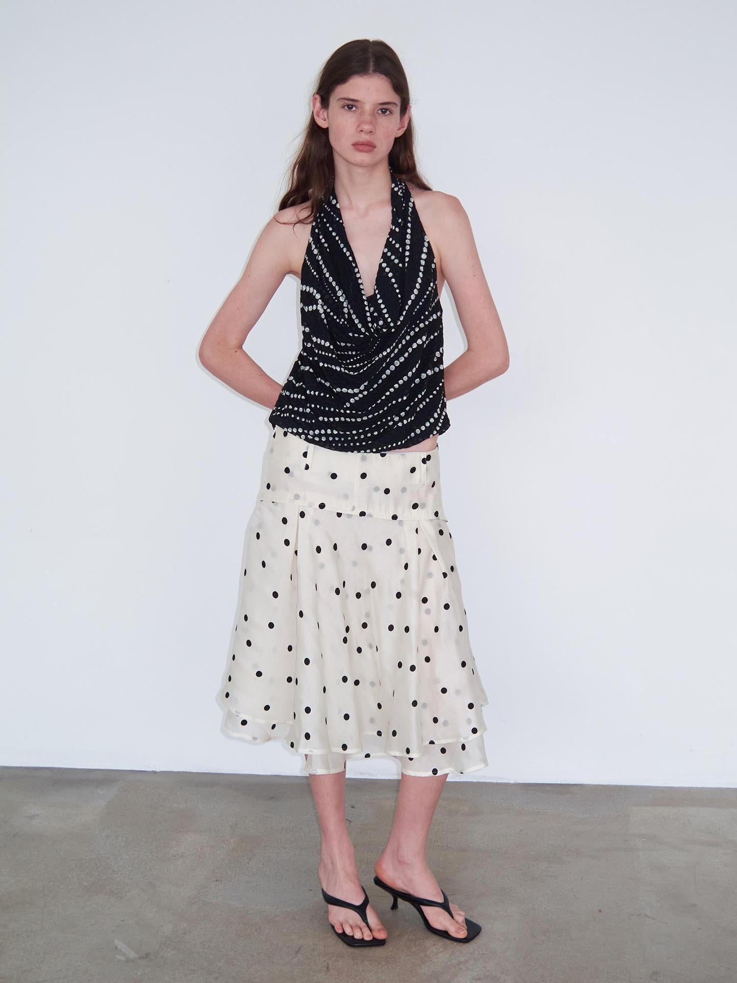Delivery Low Waist Beige Flocked Black Polka Dot A Line Skirt