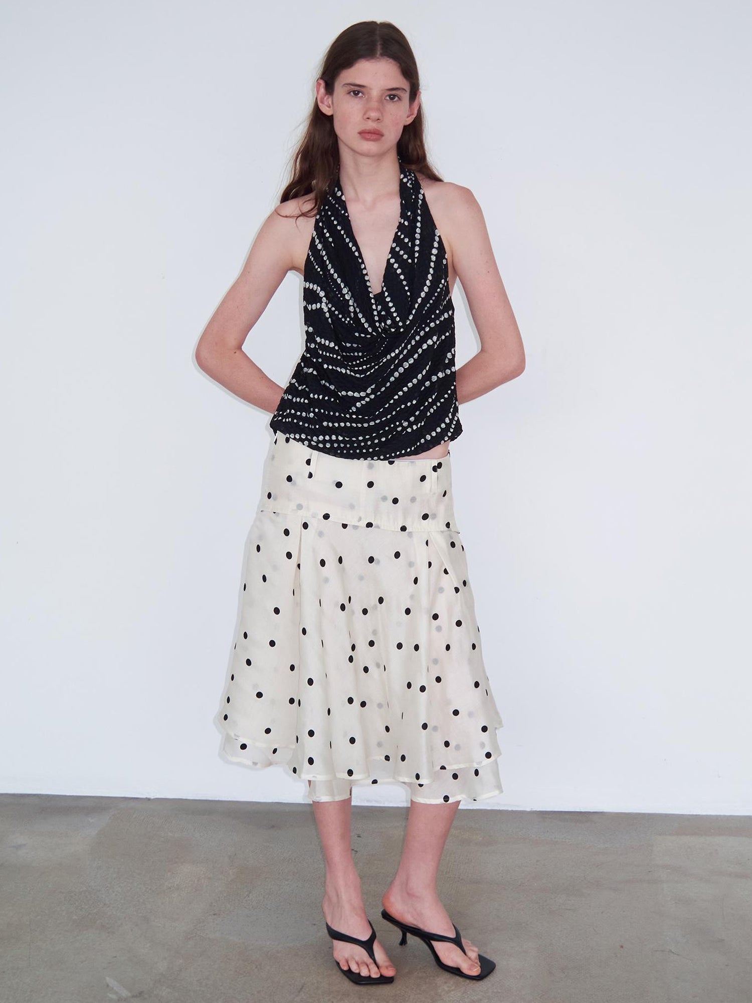 Delivery Low Waist Beige Flocked Black Polka Dot A Line Skirt