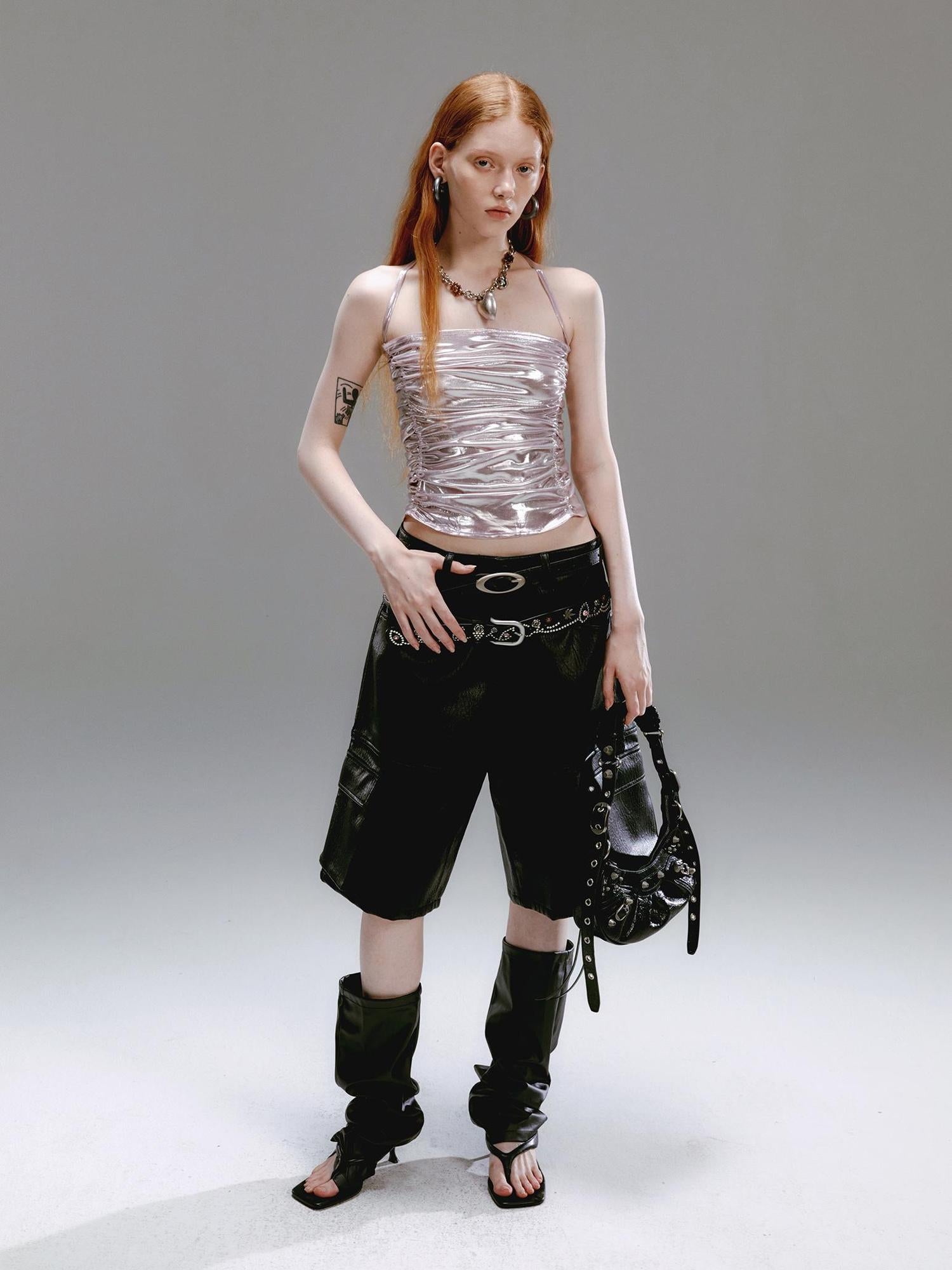 Delivery Metallic Champagne Pink Knitted Crinkle Strap Halter Top