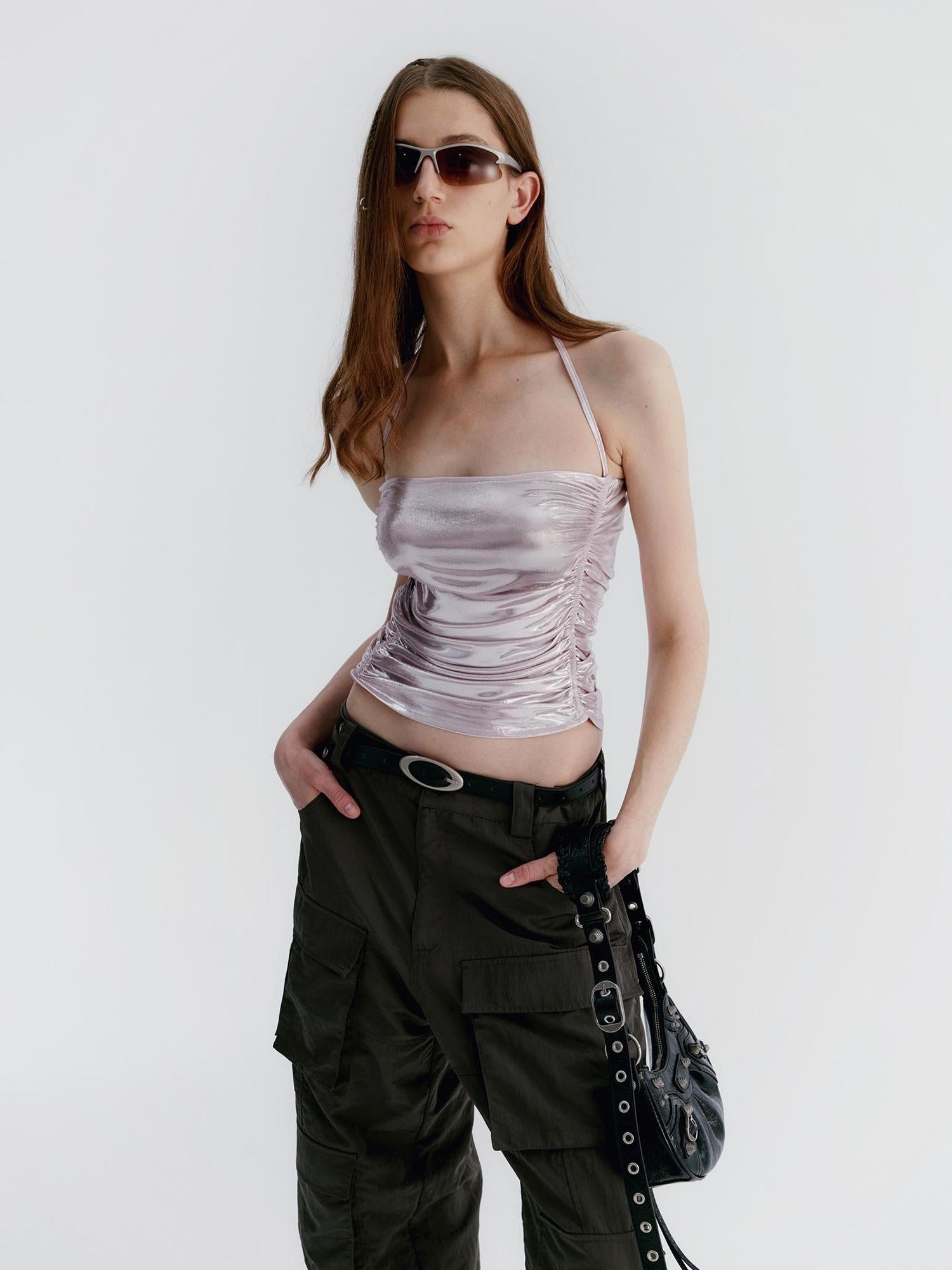 Delivery Metallic Champagne Pink Knitted Crinkle Strap Halter Top