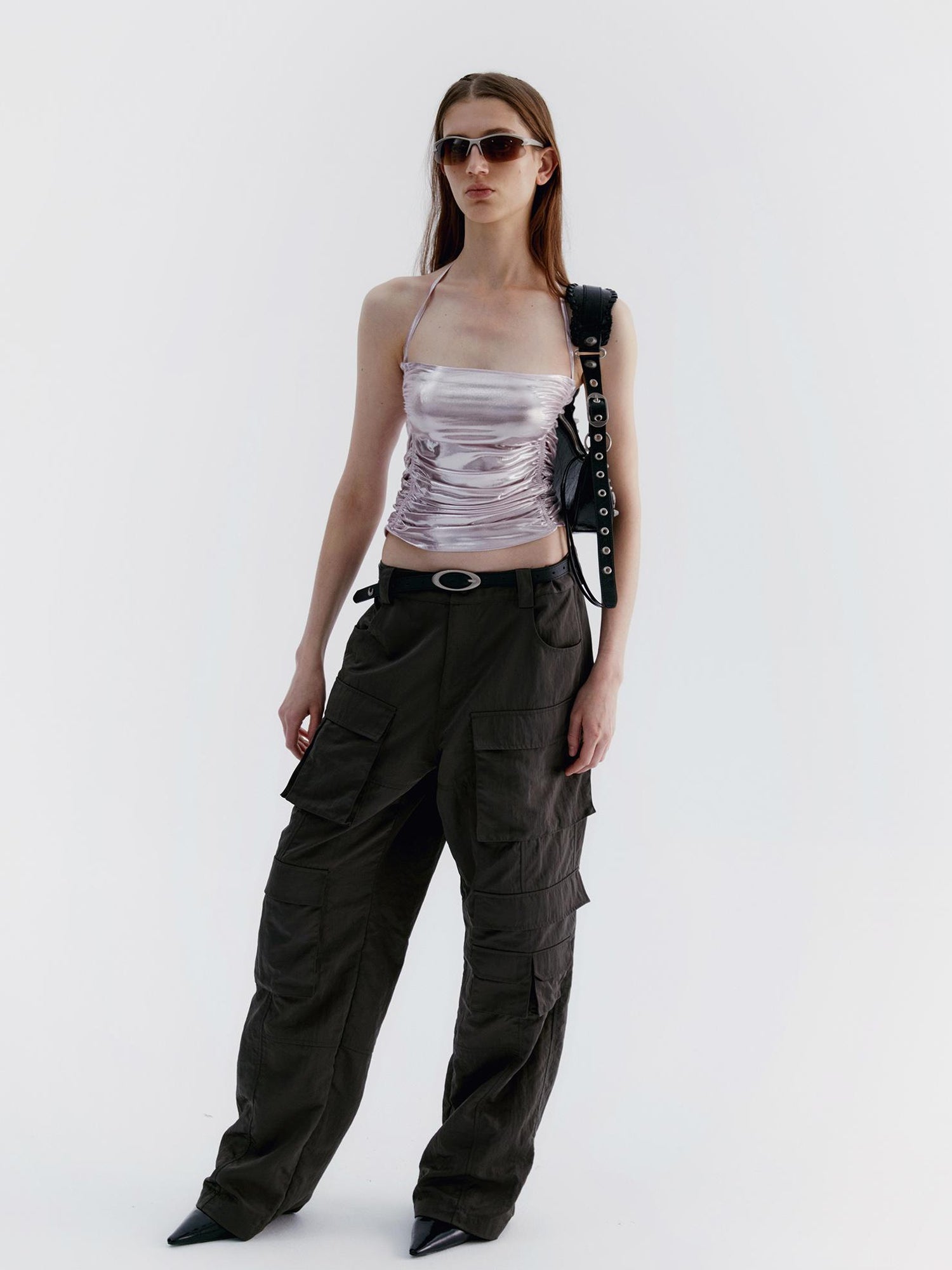 Delivery Metallic Champagne Pink Knitted Crinkle Strap Halter Top