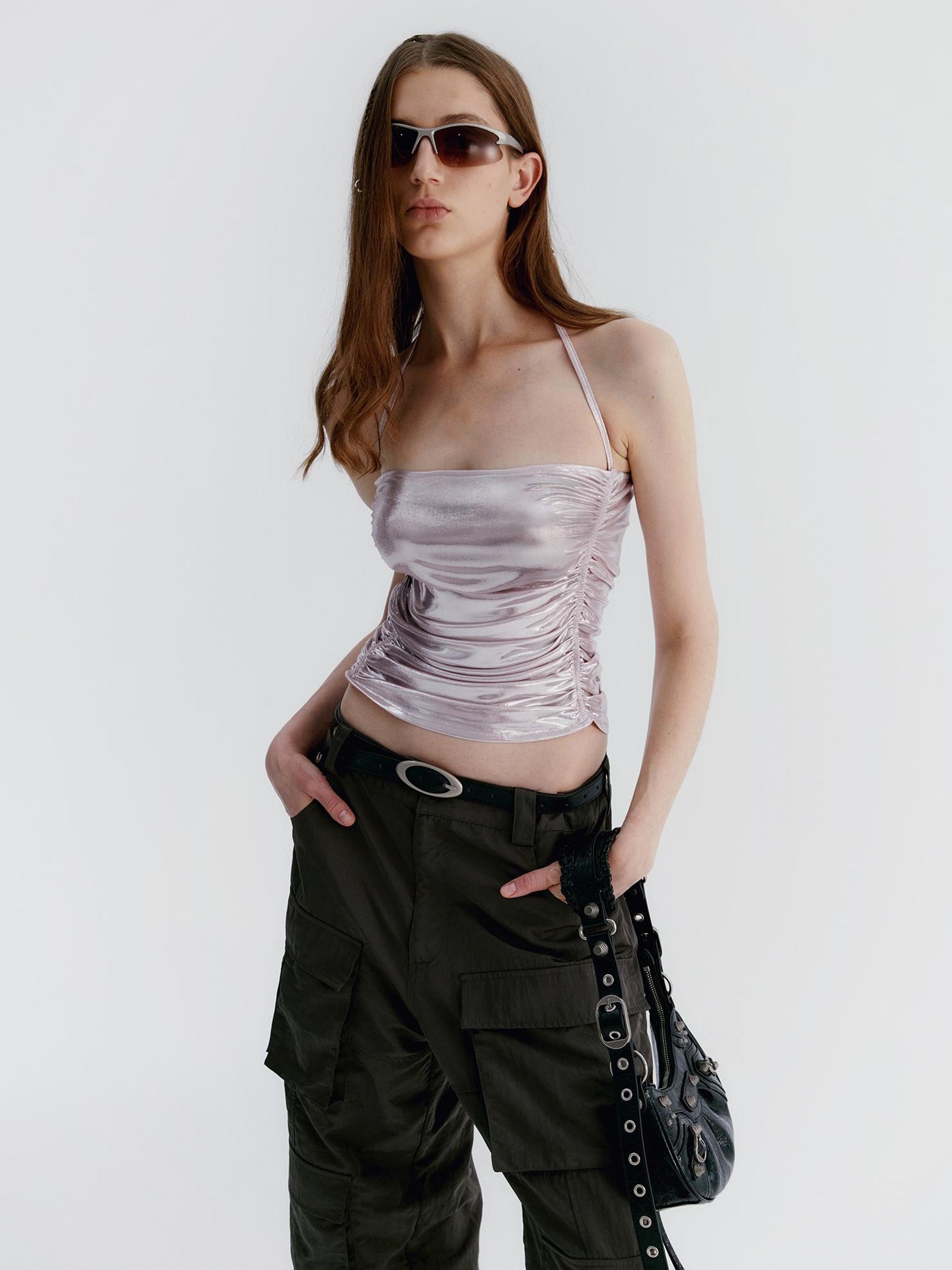 Delivery Metallic Champagne Pink Knitted Crinkle Strap Halter Top