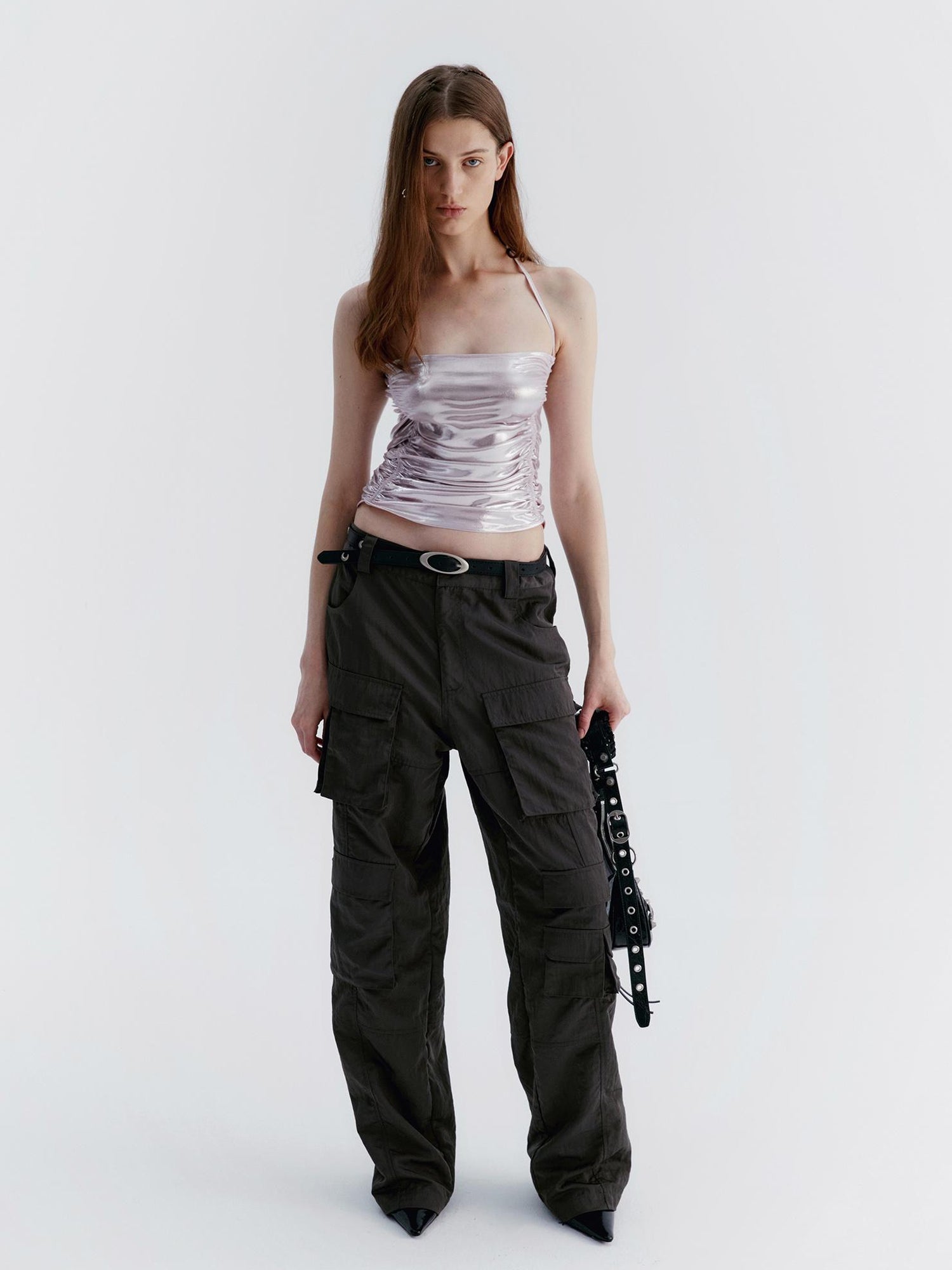 Delivery Metallic Champagne Pink Knitted Crinkle Strap Halter Top