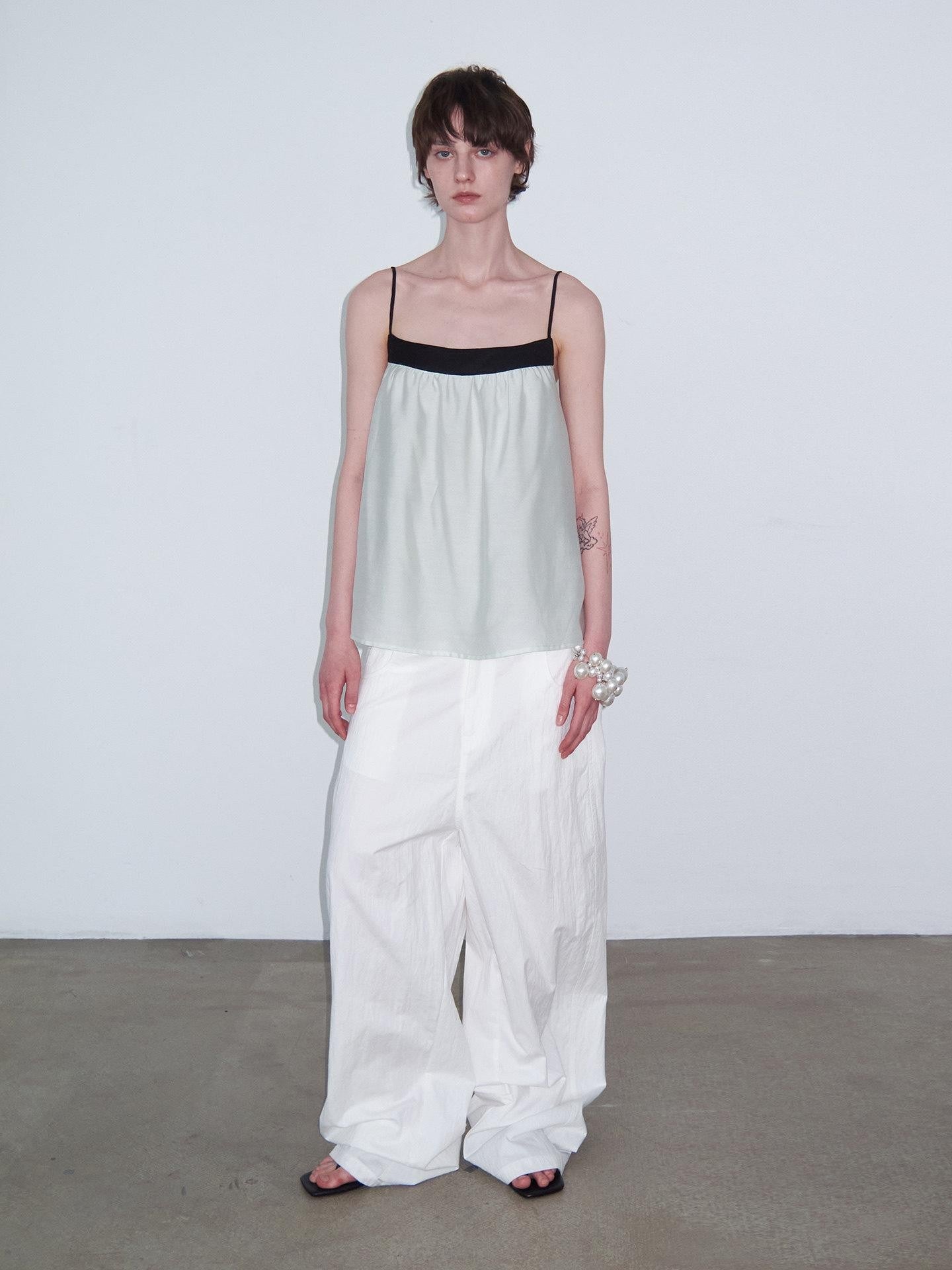 Delivery Mint Green Black Contrast Ruched Square Neck Loose Women&