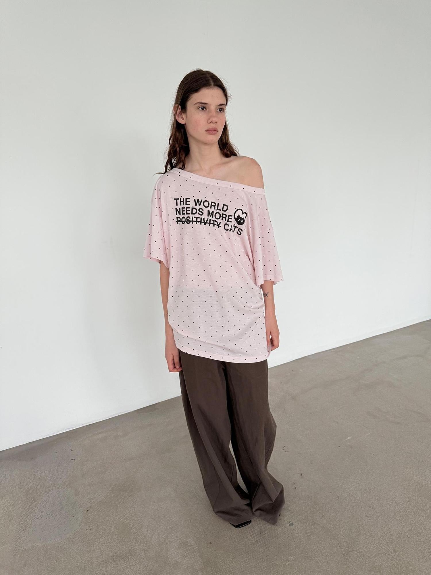 Delivery Off Shoulder Pink Polka Dot T-shirt With Positive Slogan Print