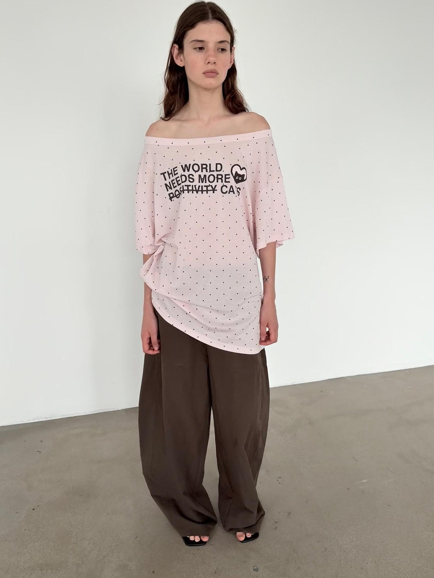 Delivery Off Shoulder Pink Polka Dot T-shirt With Positive Slogan Print