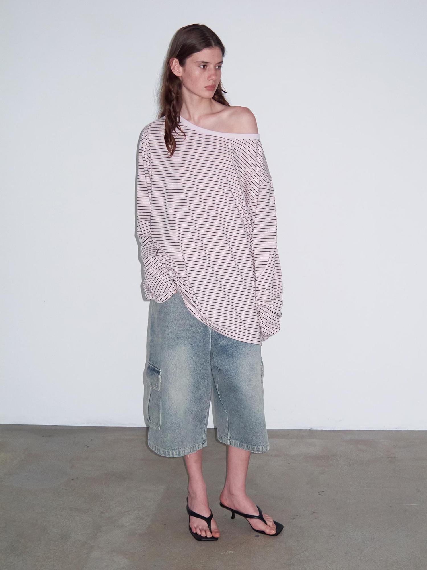 Delivery Off Shoulder Slouchy Striped Top With Wide Neckline