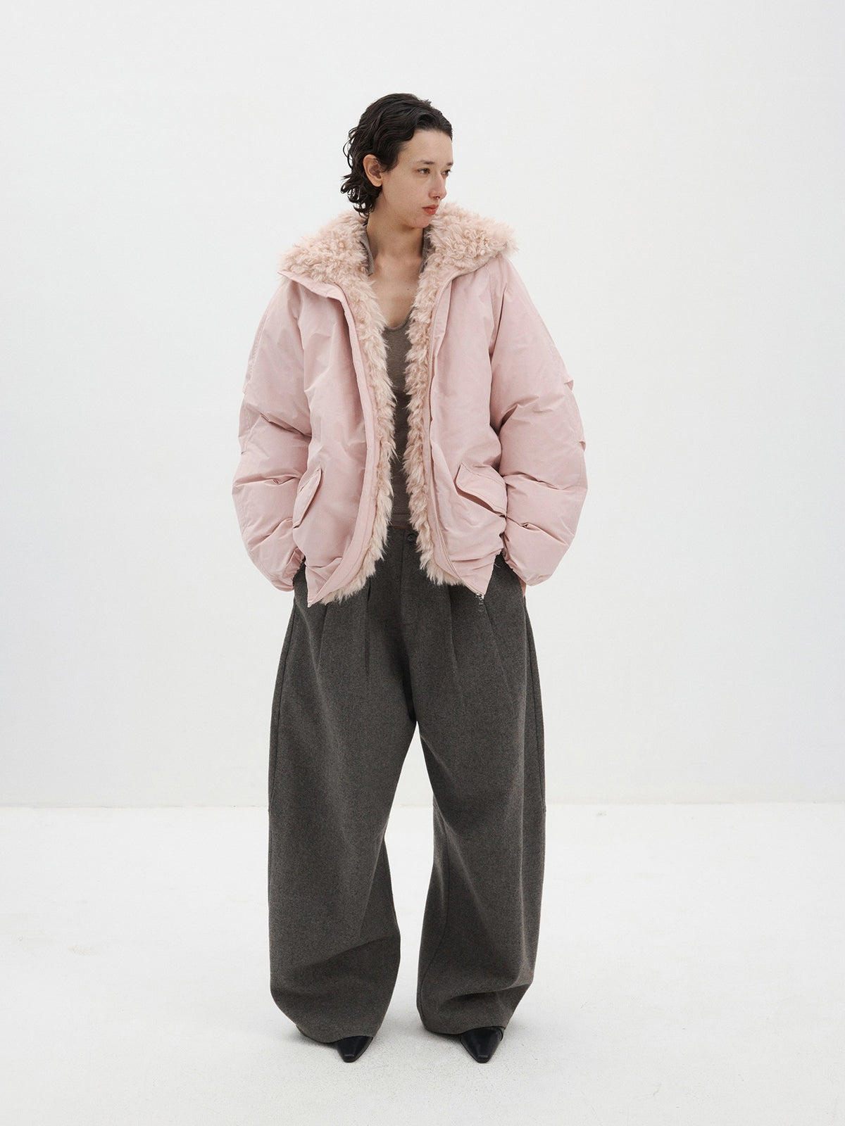 Delivery_Pink_Faux_Fur_Collar_Stand_Collar_Loose_Fit_Women&