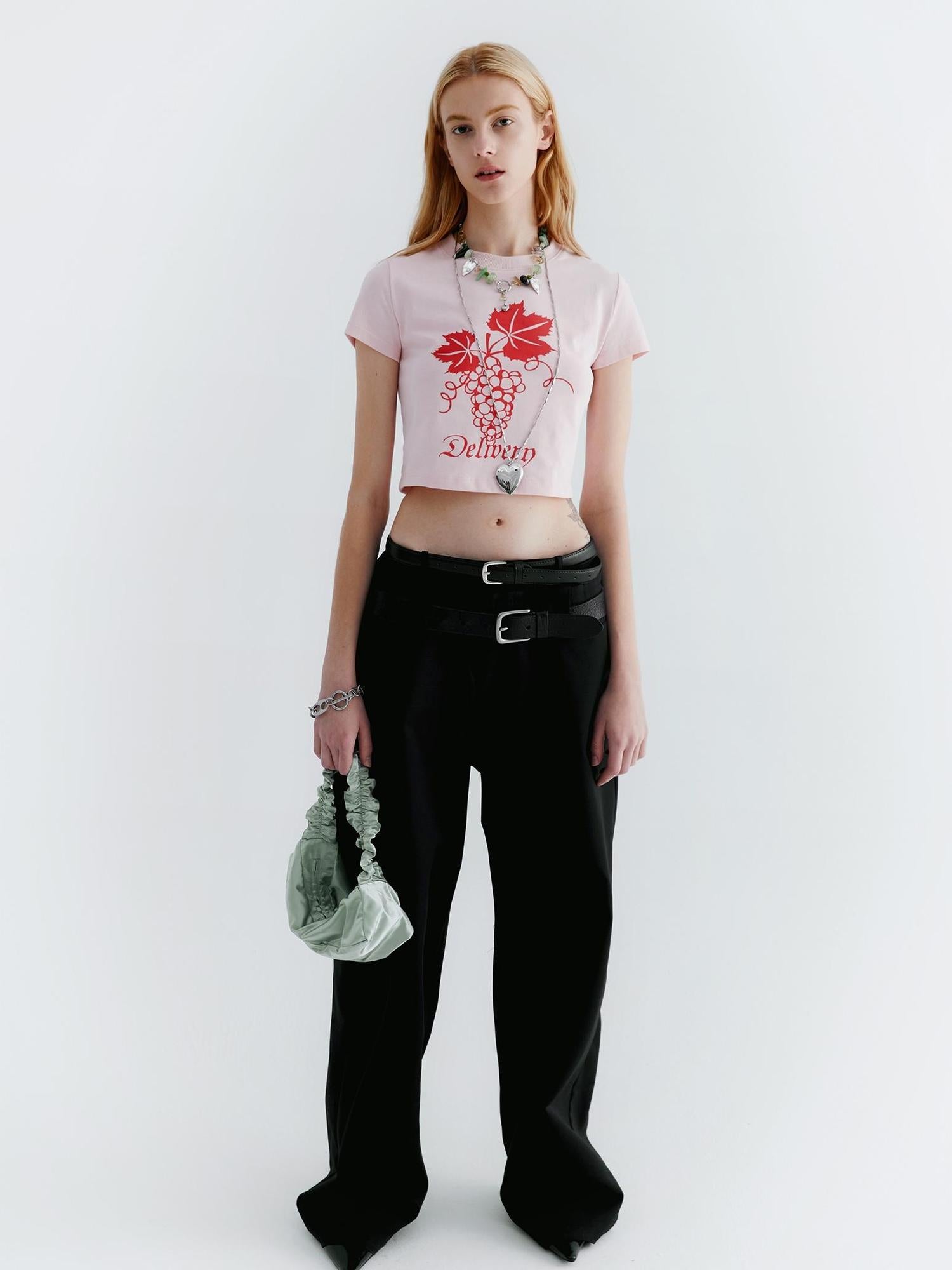 Delivery Pink Grape Print Crop Tee Y2K Fitted Cotton Top