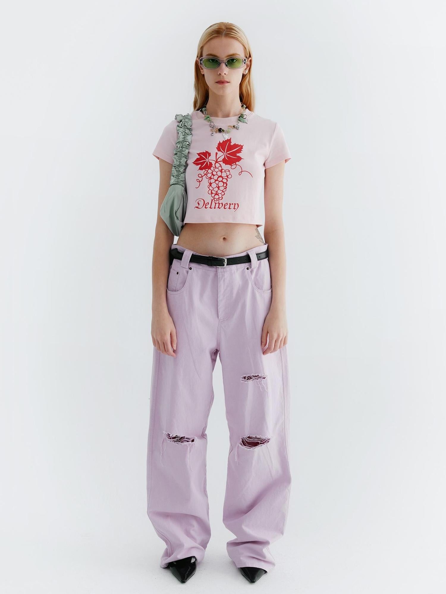 Delivery Pink Grape Print Crop Tee Y2K Fitted Cotton Top