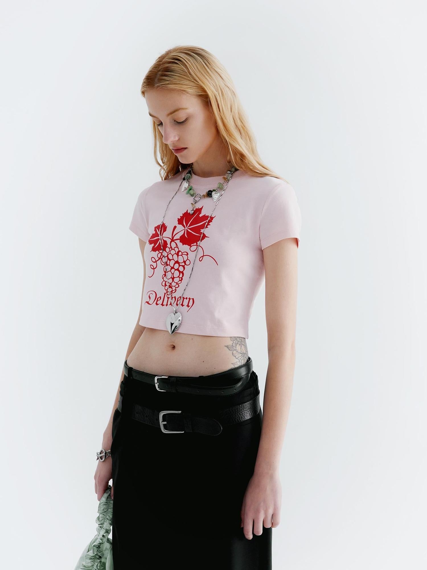 Delivery Pink Grape Print Crop Tee Y2K Fitted Cotton Top