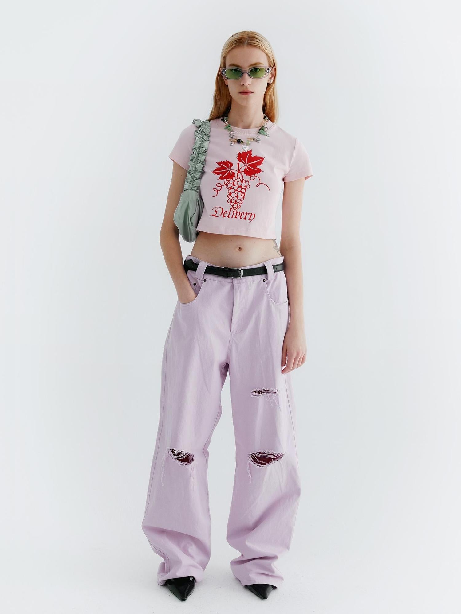 Delivery Pink Grape Print Crop Tee Y2K Fitted Cotton Top