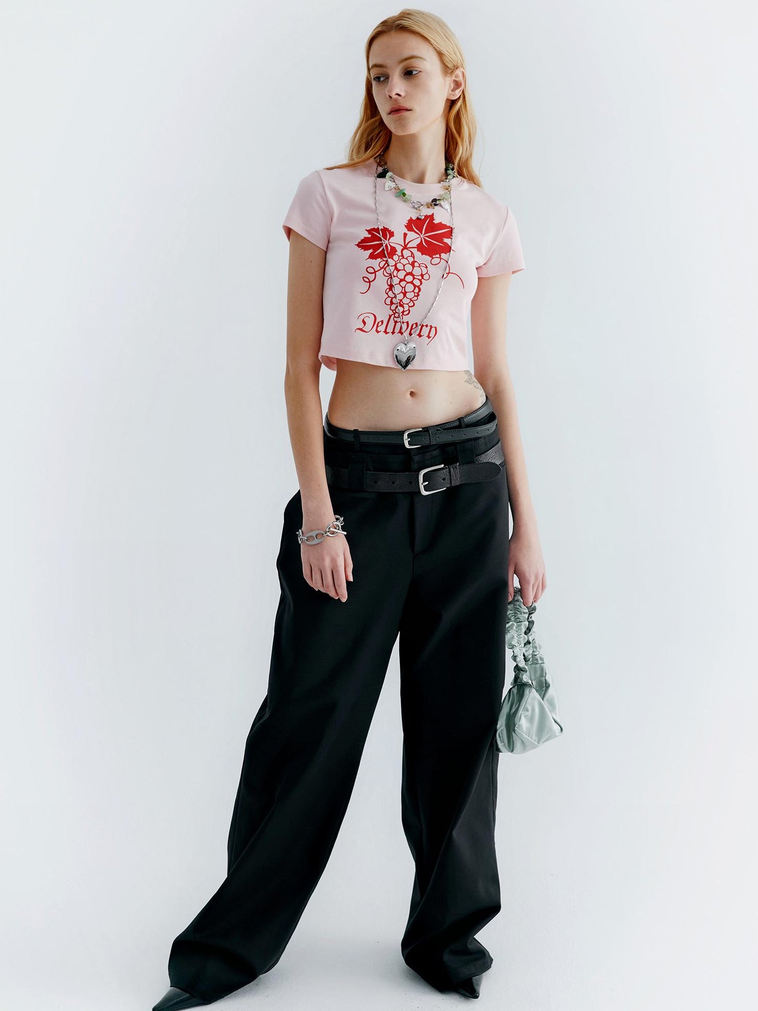 Delivery Pink Grape Print Crop Tee Y2K Fitted Cotton Top