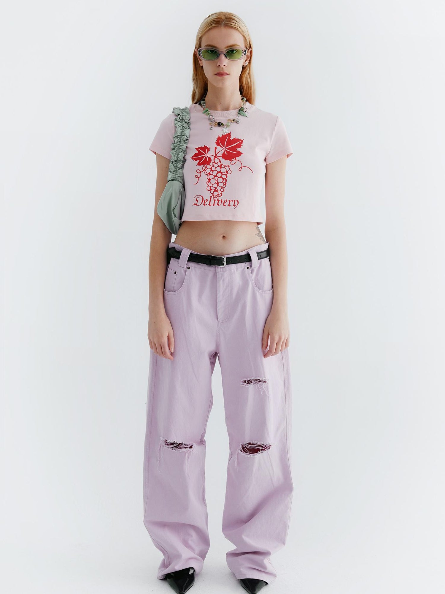 Delivery Pink Grape Print Crop Tee Y2K Fitted Cotton Top