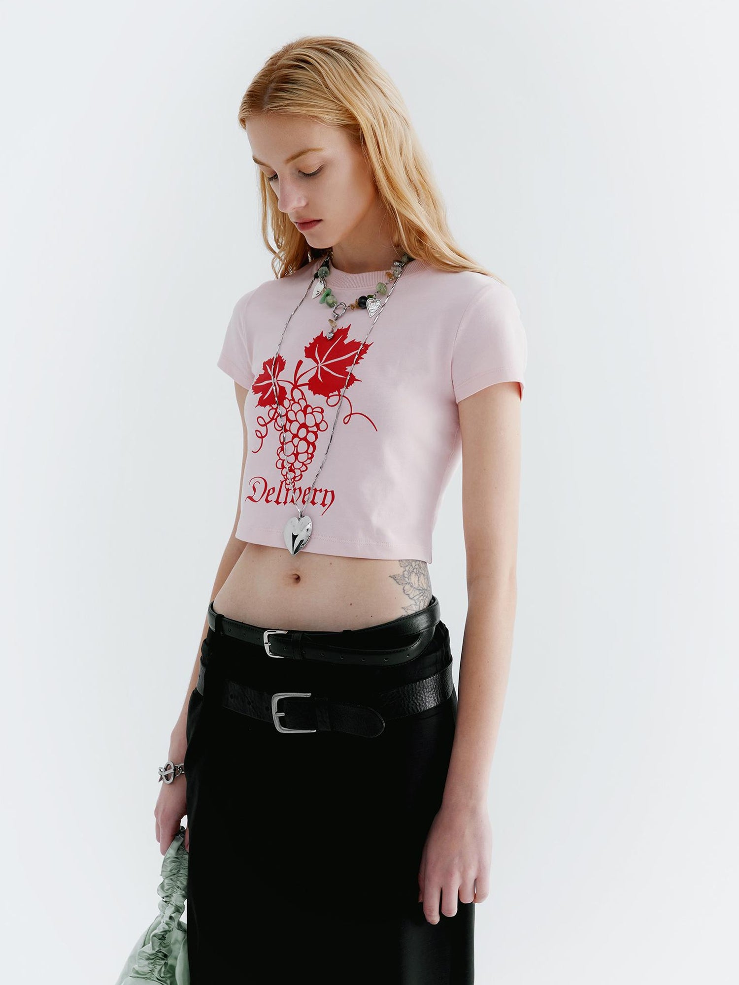 Delivery Pink Grape Print Crop Tee Y2K Fitted Cotton Top