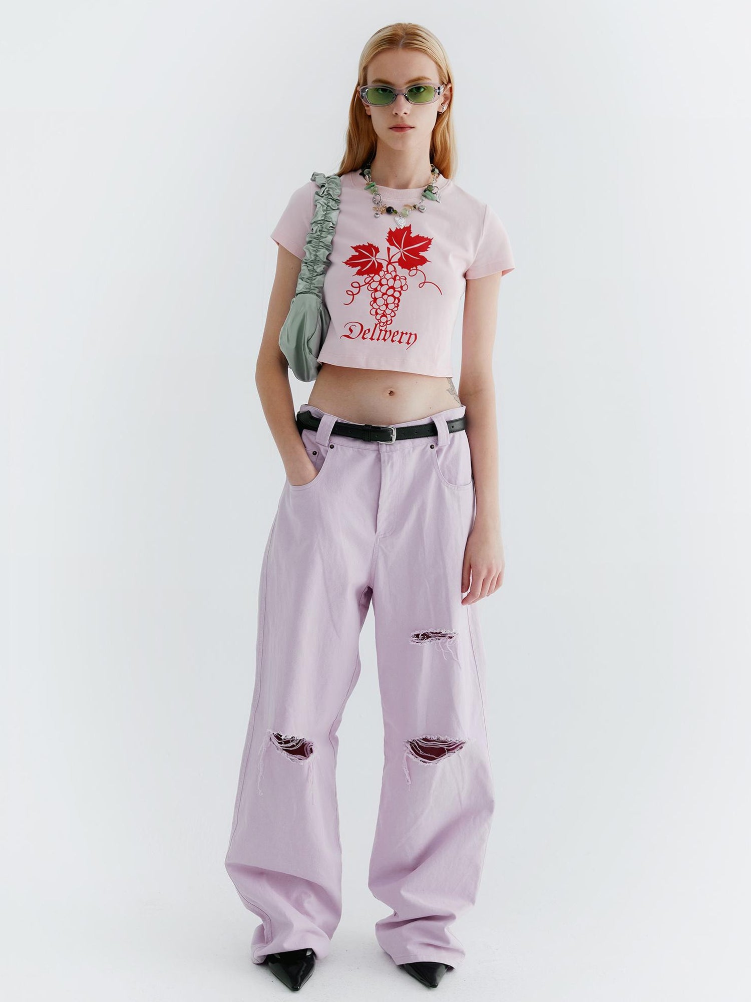 Delivery Pink Grape Print Crop Tee Y2K Fitted Cotton Top
