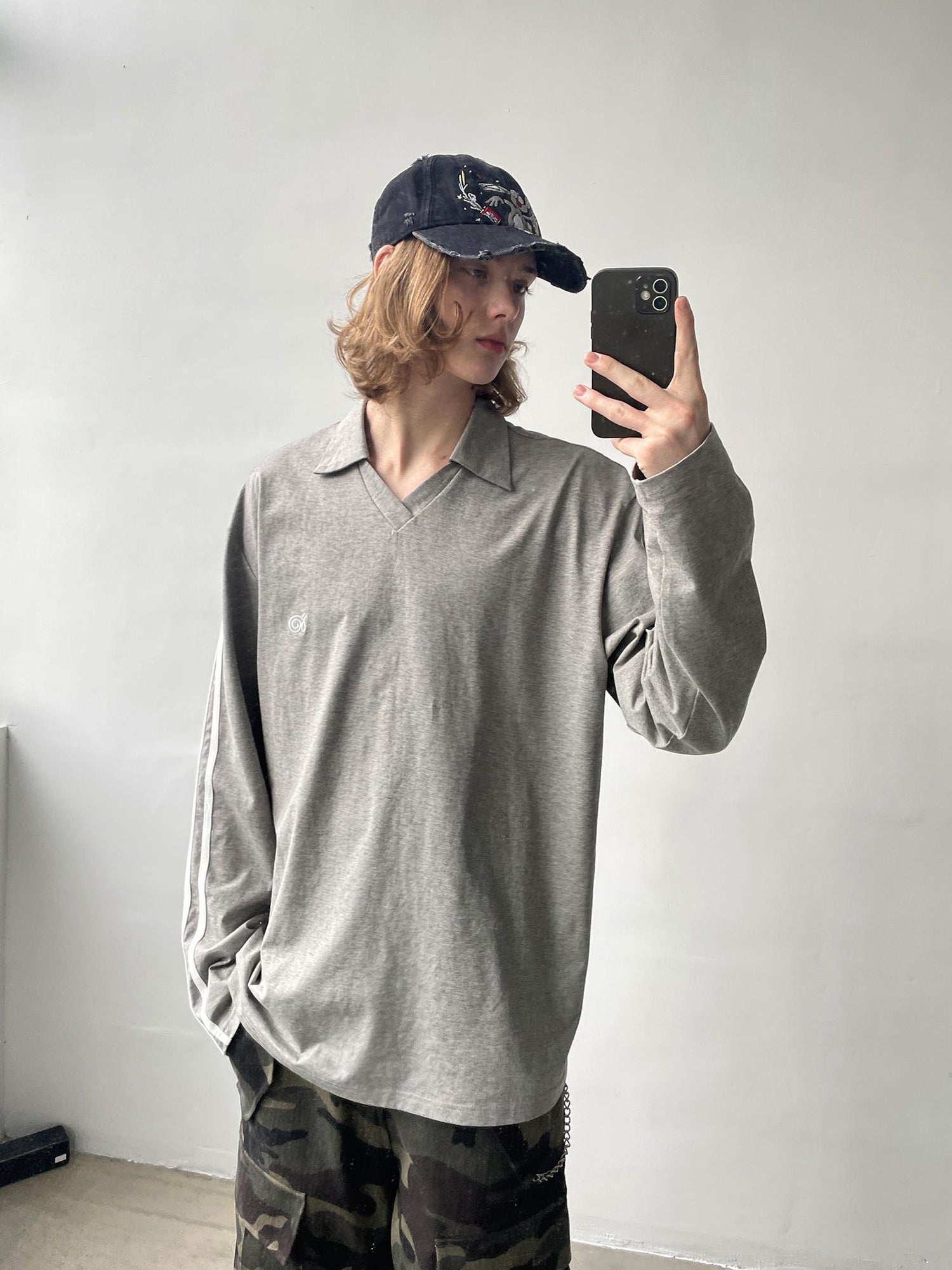 Delivery Polo Collar Embroidered Logo Long Sleeve T-Shirt Casual Loose Fit