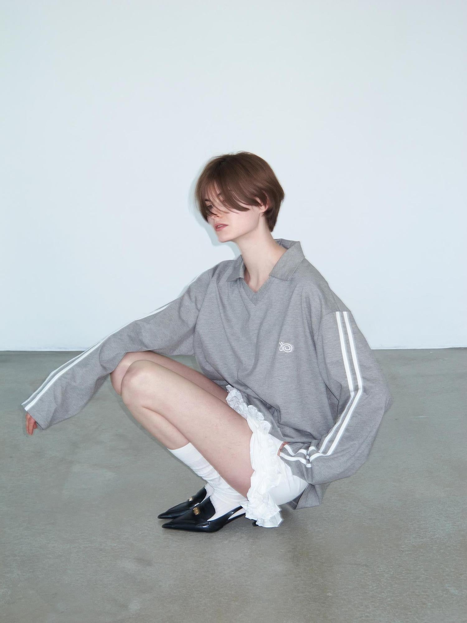 Delivery Polo Collar Embroidered Logo Long Sleeve T-Shirt Casual Loose Fit