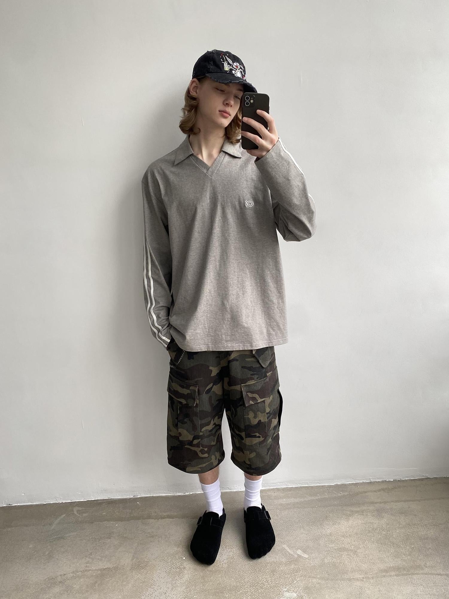 Delivery Polo Collar Embroidered Logo Long Sleeve T-Shirt Casual Loose Fit