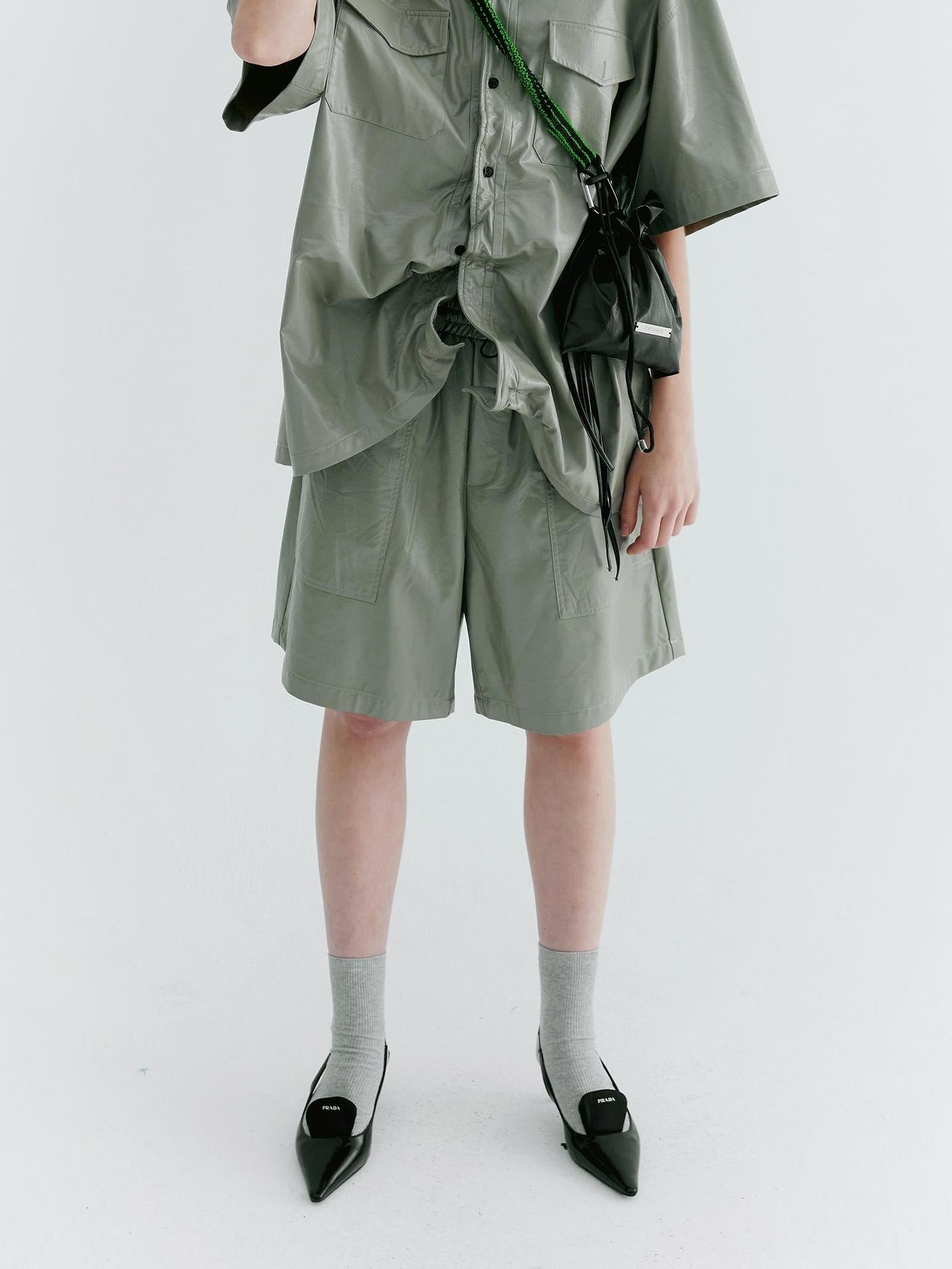 Delivery Pu Leather Shorts In Soft Pastel Green Black