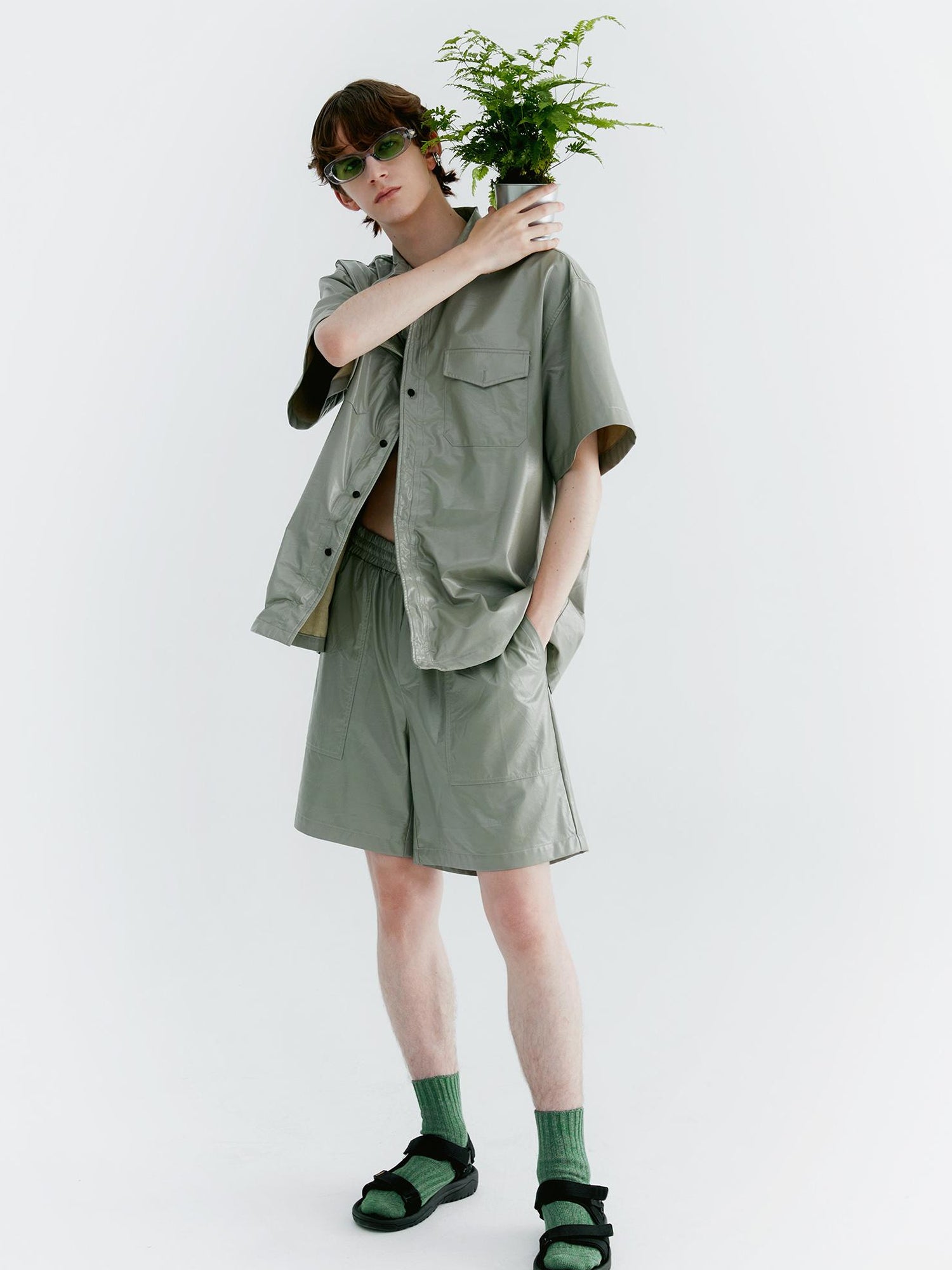 Delivery Pu Leather Shorts In Soft Pastel Green Black