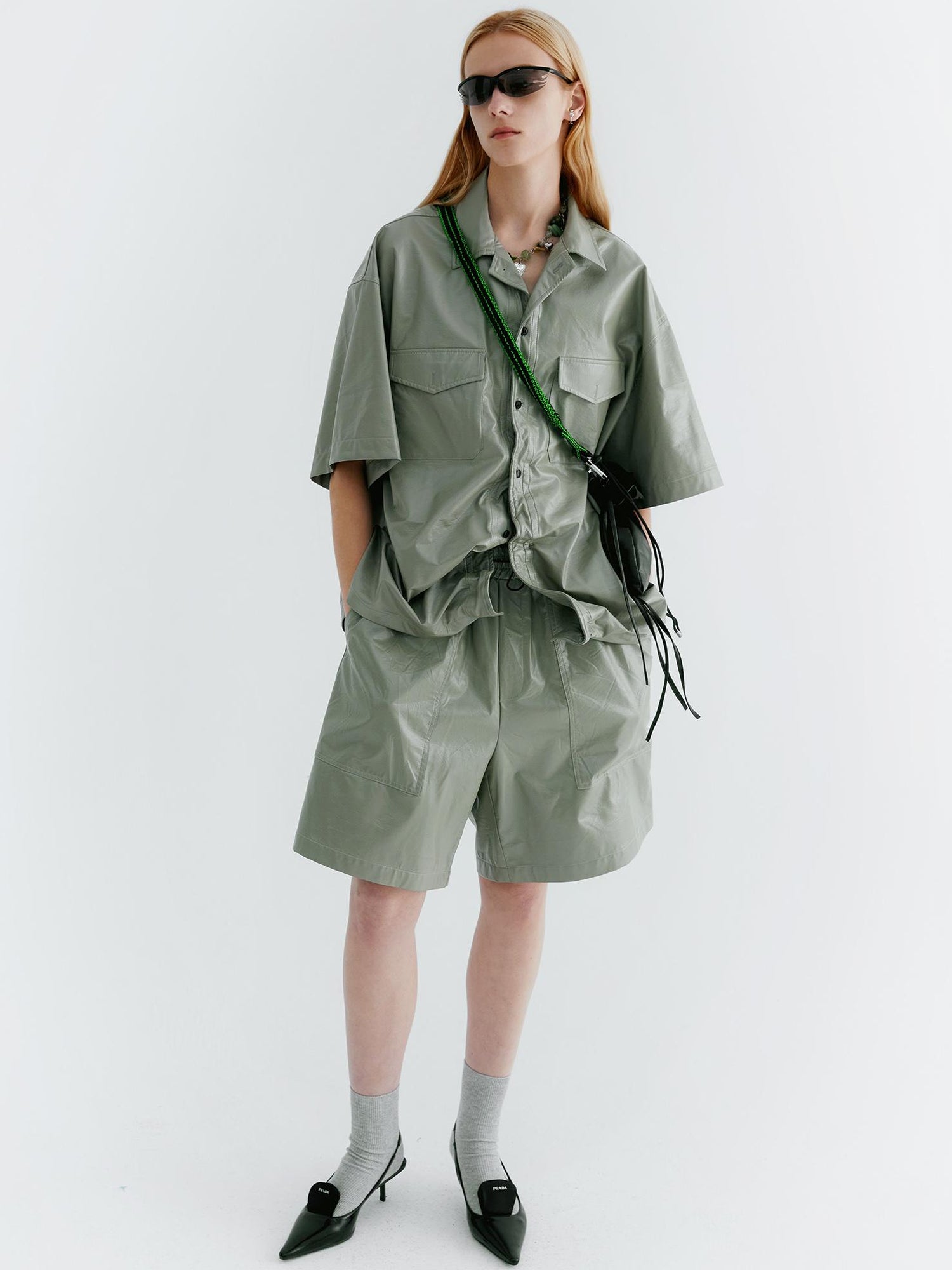 Delivery Pu Leather Shorts In Soft Pastel Green Black