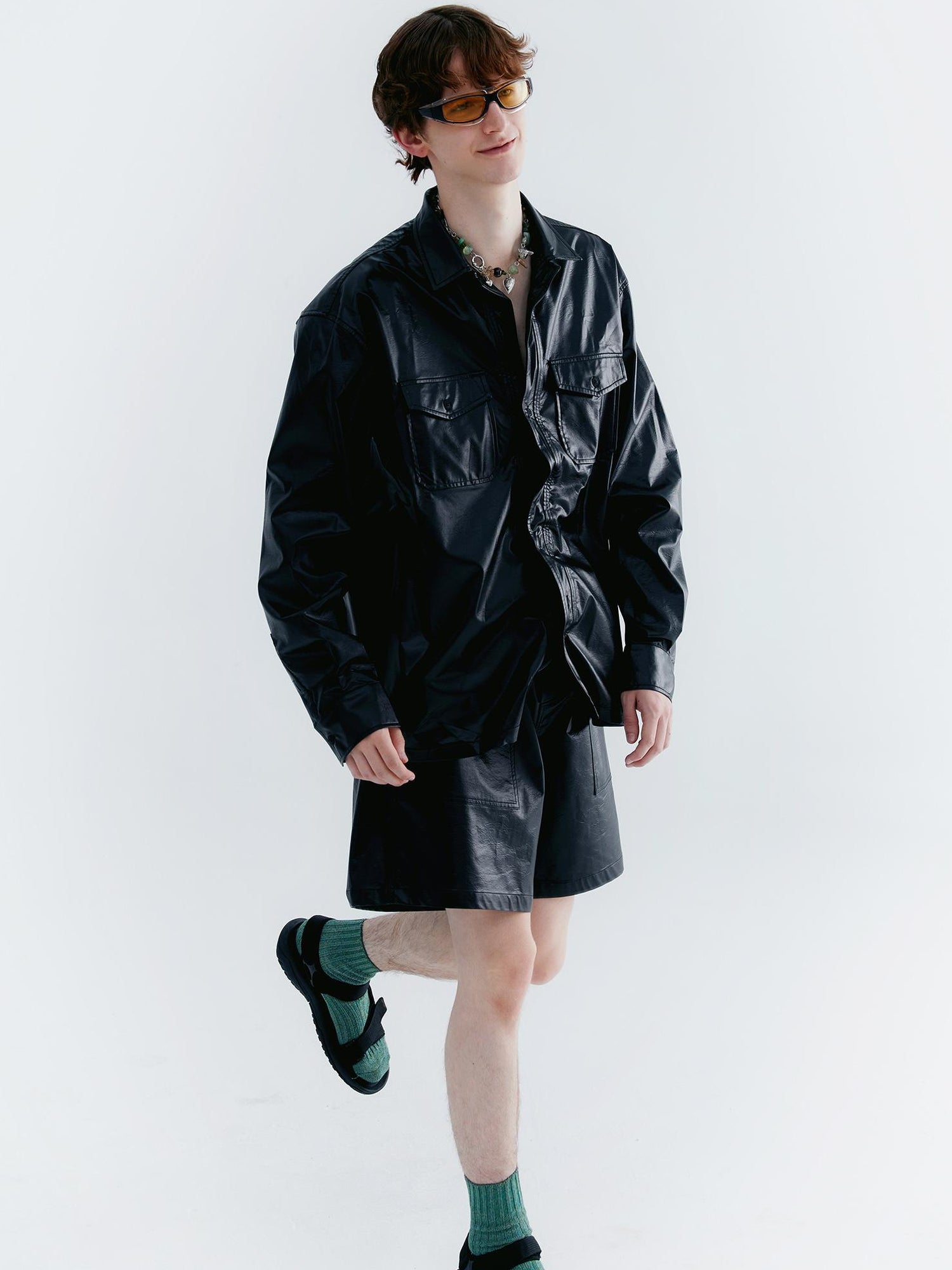 Delivery Pu Leather Shorts In Soft Pastel Green Black