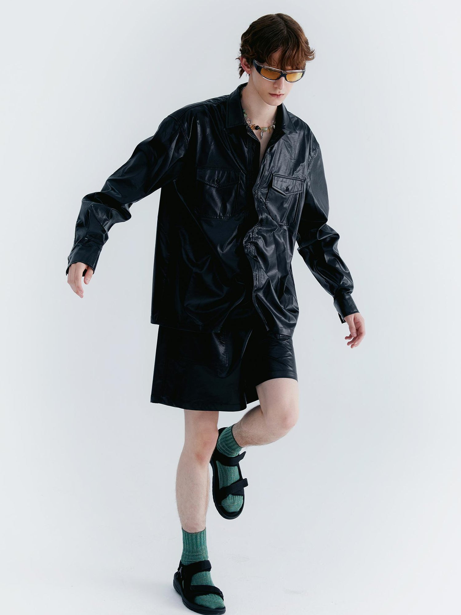 Delivery Pu Leather Shorts In Soft Pastel Green Black