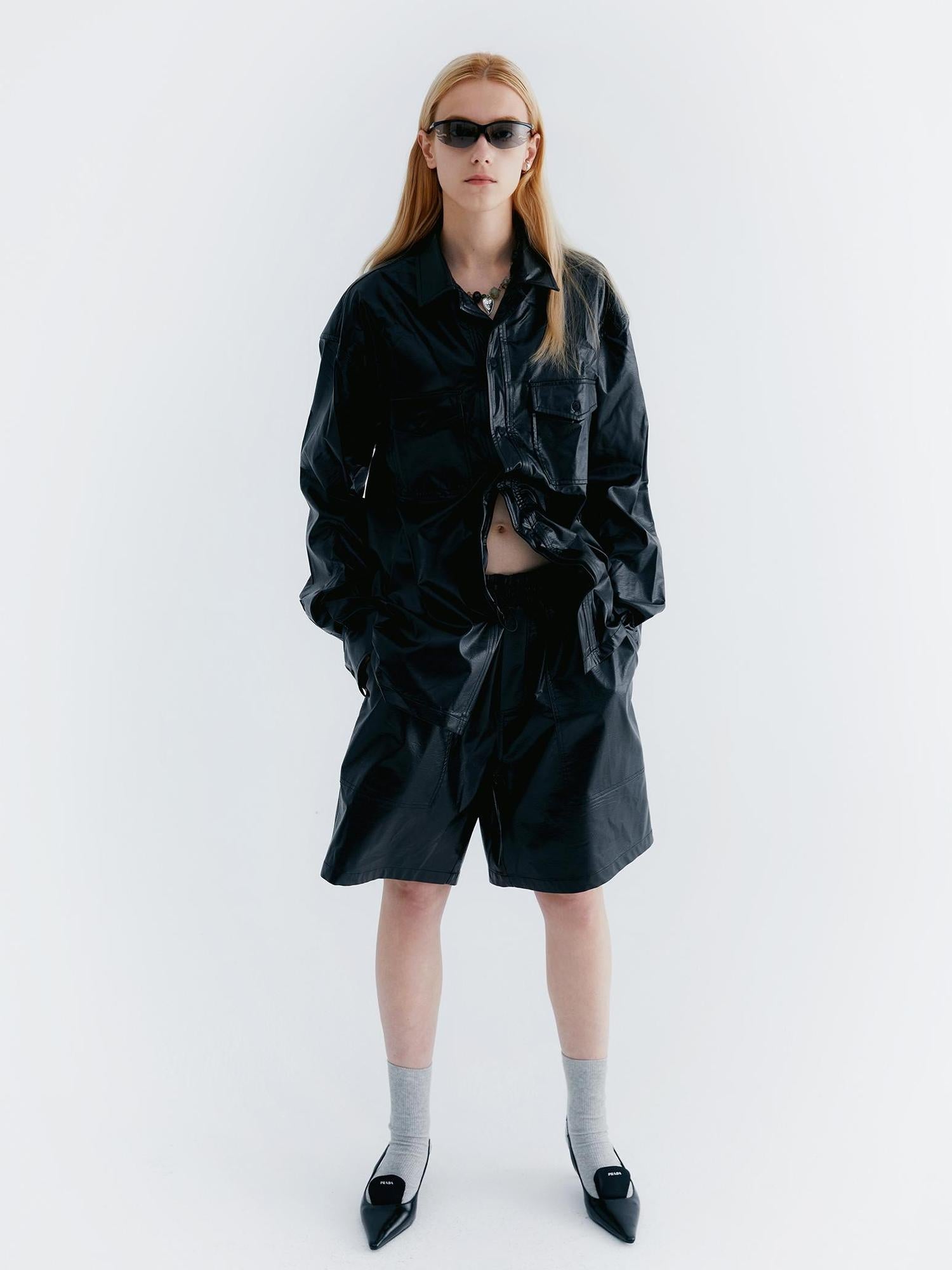 Delivery Pu Leather Shorts In Soft Pastel Green Black