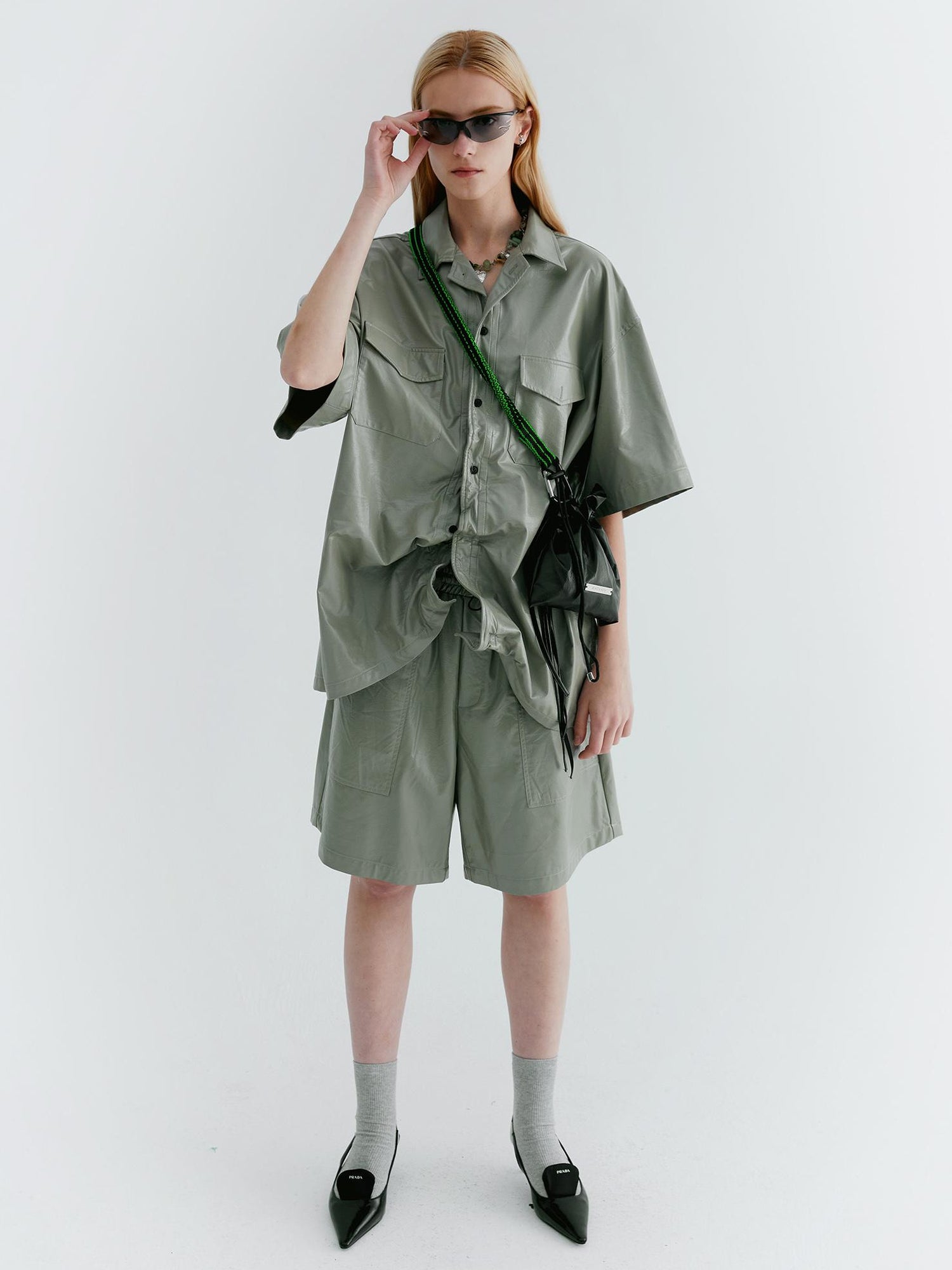 Delivery Pu Leather Shorts In Soft Pastel Green Black