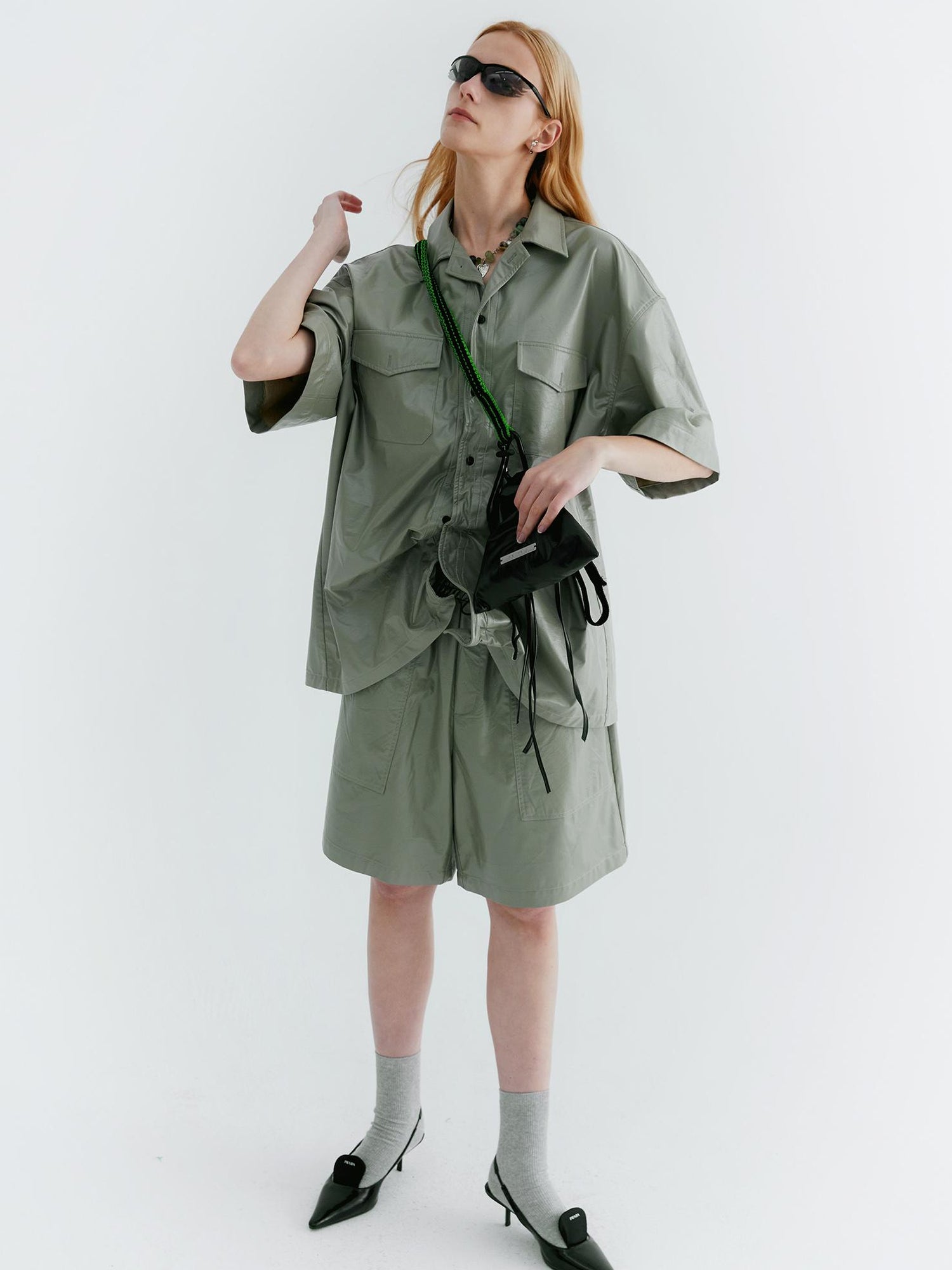 Delivery Pu Leather Shorts In Soft Pastel Green Black