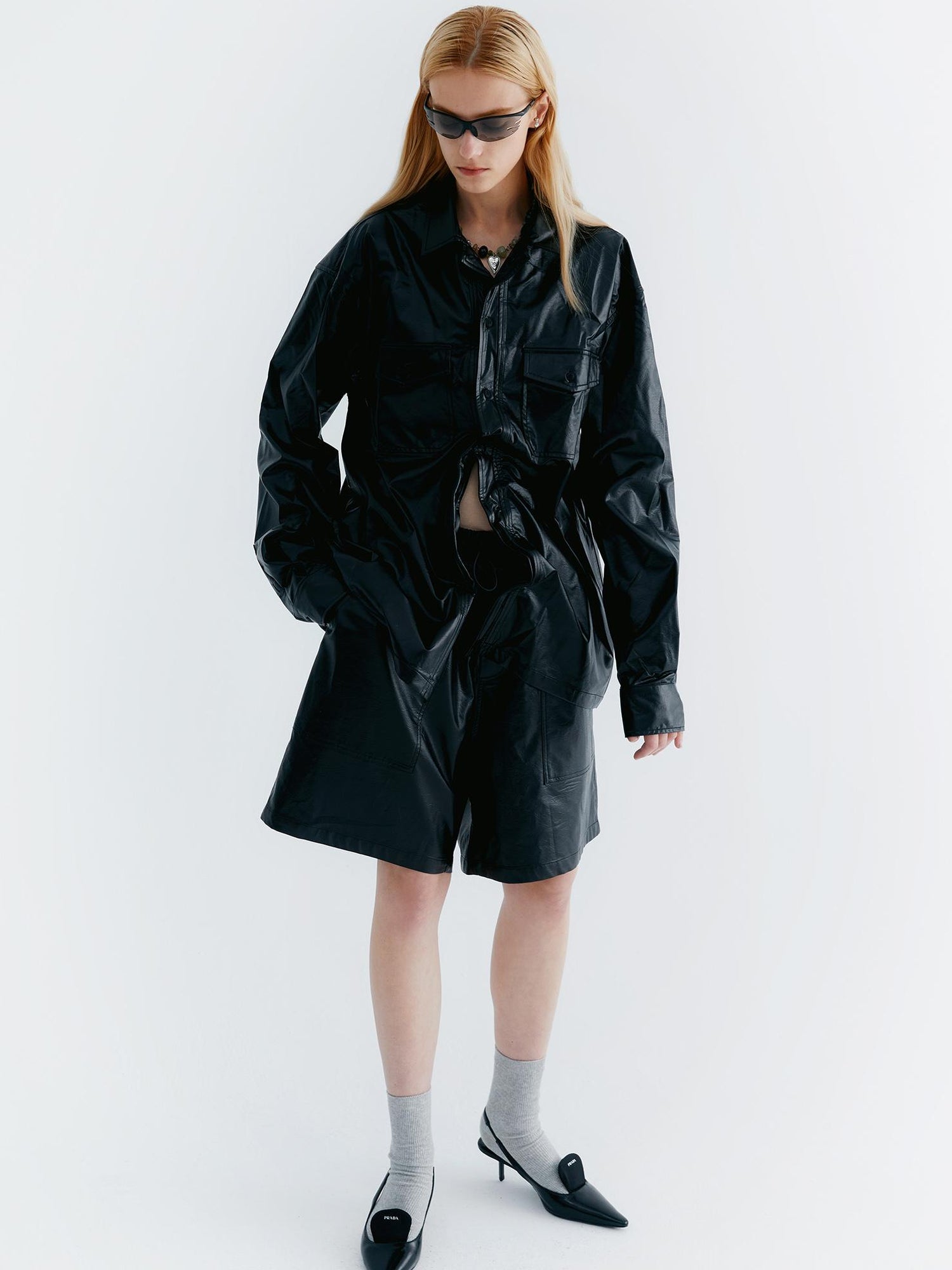 Delivery Pu Leather Shorts In Soft Pastel Green Black