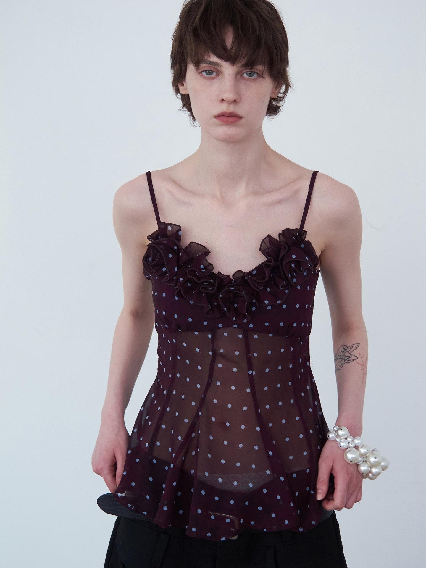 Delivery Purple Polka Dot 3d Floral Lace V-neck Asymmetric Hem Women&