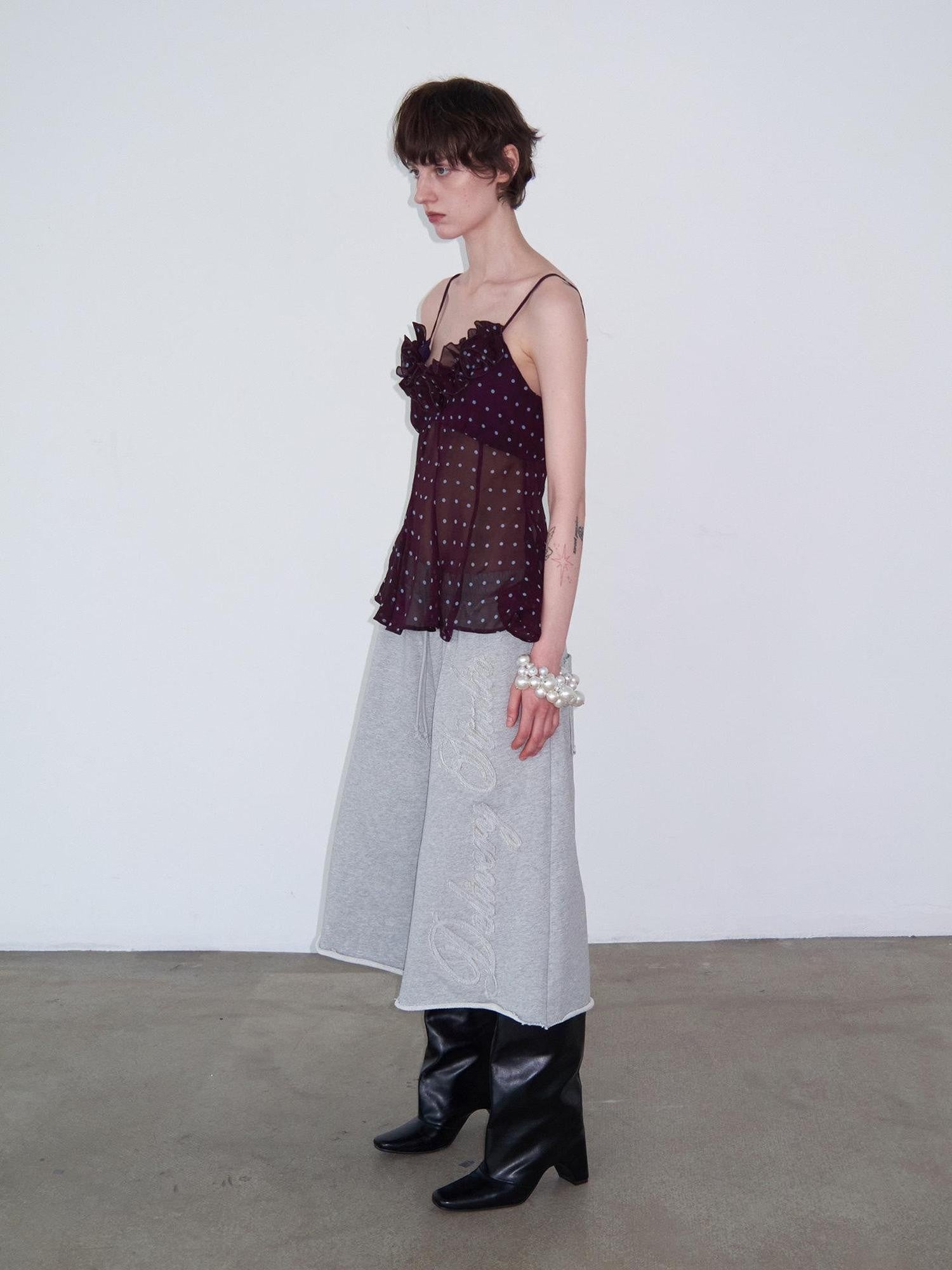 Delivery Purple Polka Dot 3d Floral Lace V-neck Asymmetric Hem Women&
