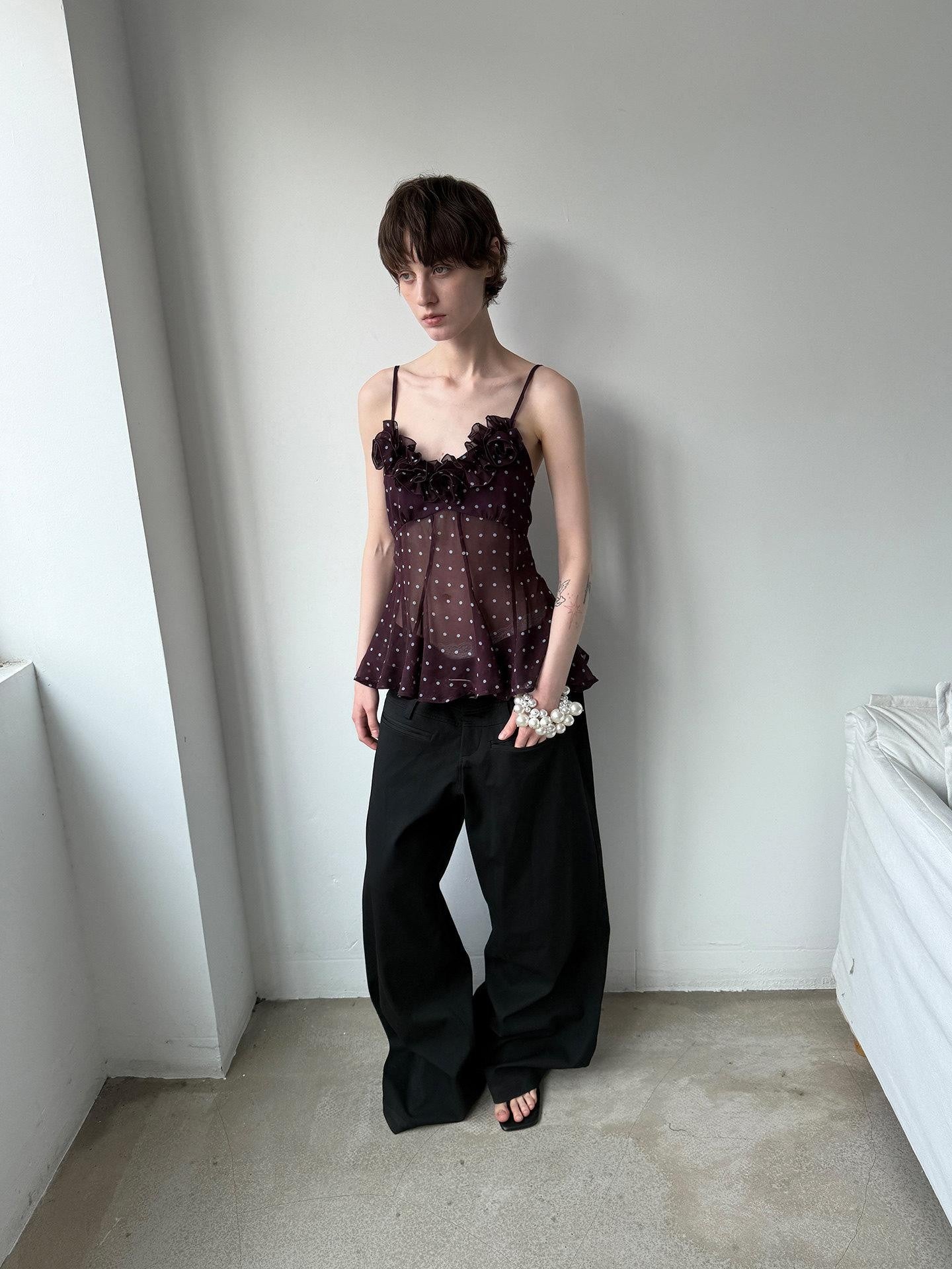 Delivery Purple Polka Dot 3d Floral Lace V-neck Asymmetric Hem Women&