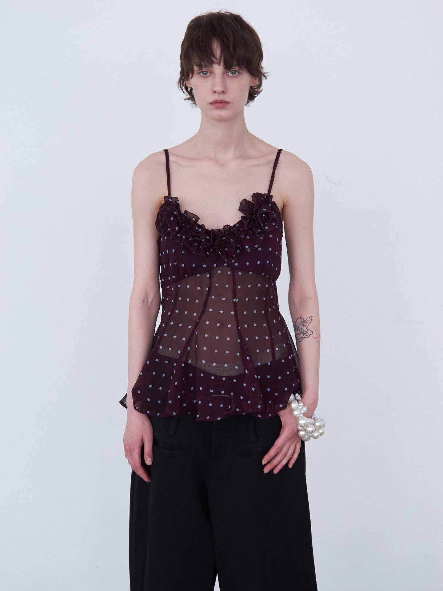 Delivery Purple Polka Dot 3d Floral Lace V-neck Asymmetric Hem Women&