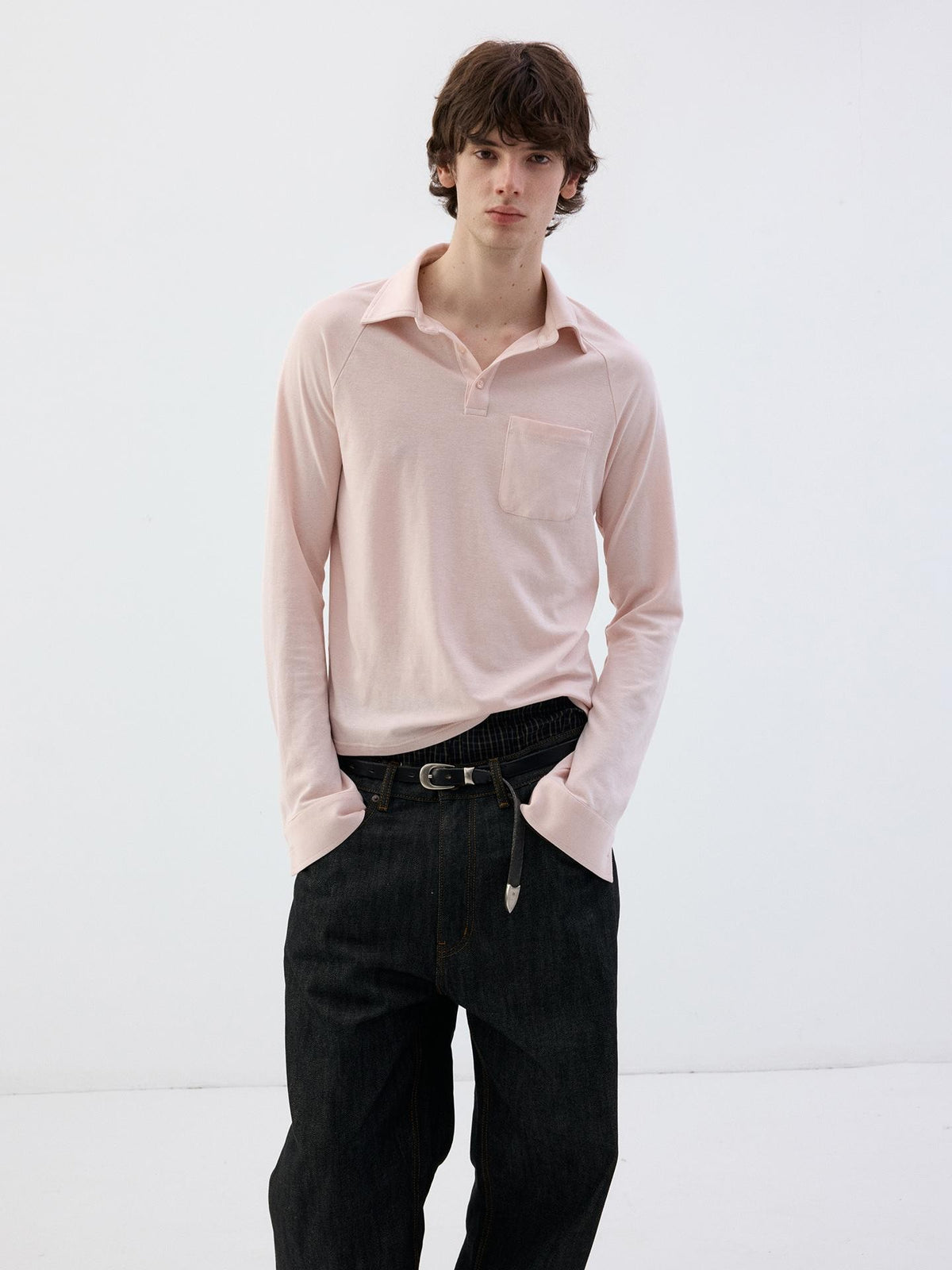 Delivery Raglan Sleeve Polo Collar Patch Pocket Womens Cotton Linen Long Sleeve T-shirts