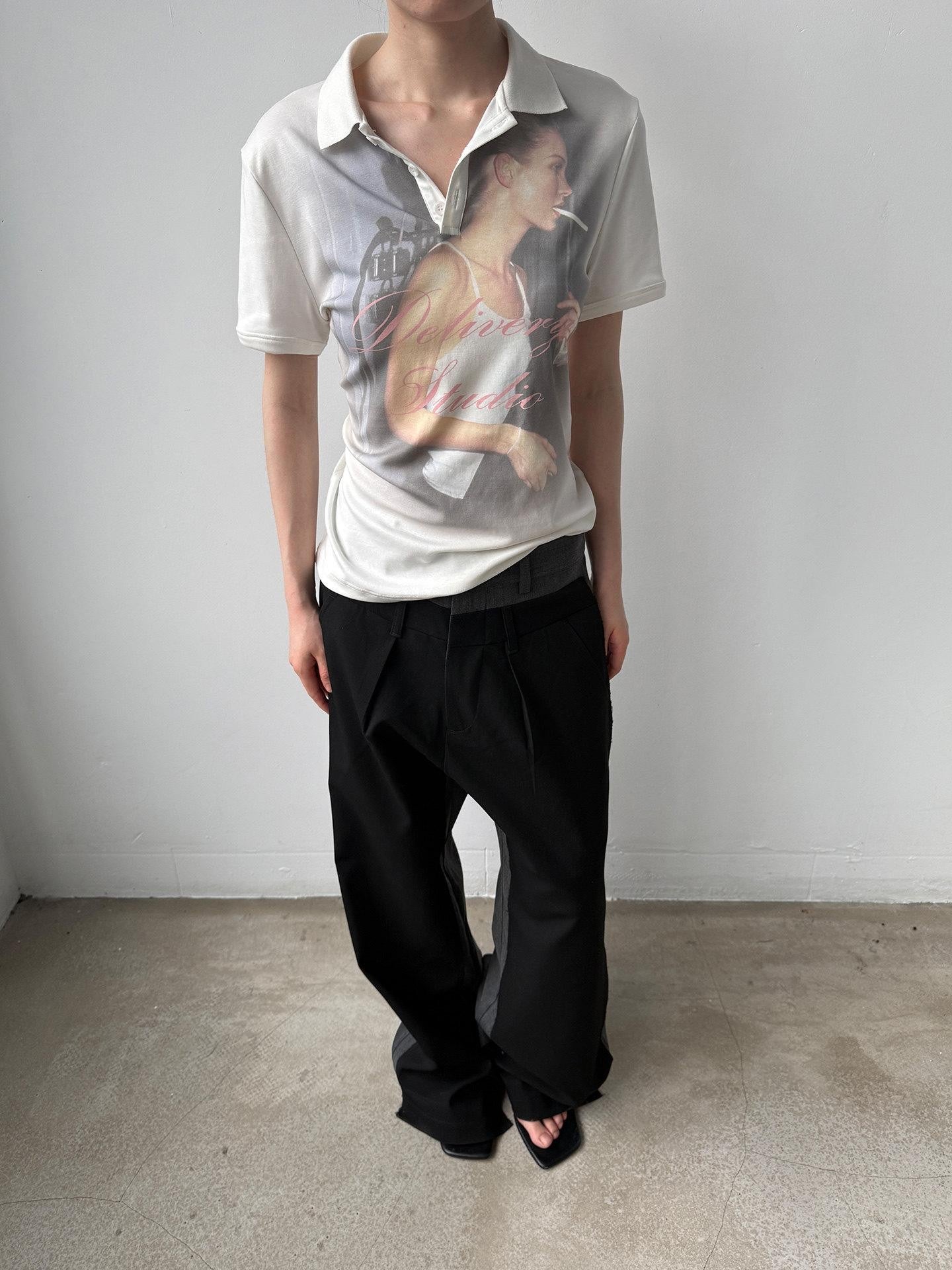 Delivery Retro Portrait Print Polo Collar Straight Women&