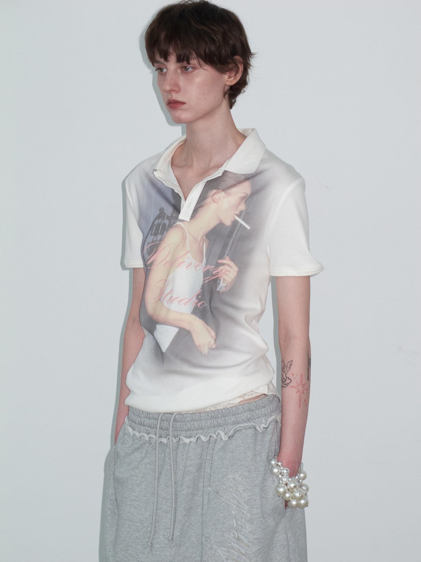Delivery Retro Portrait Print Polo Collar Straight Women&