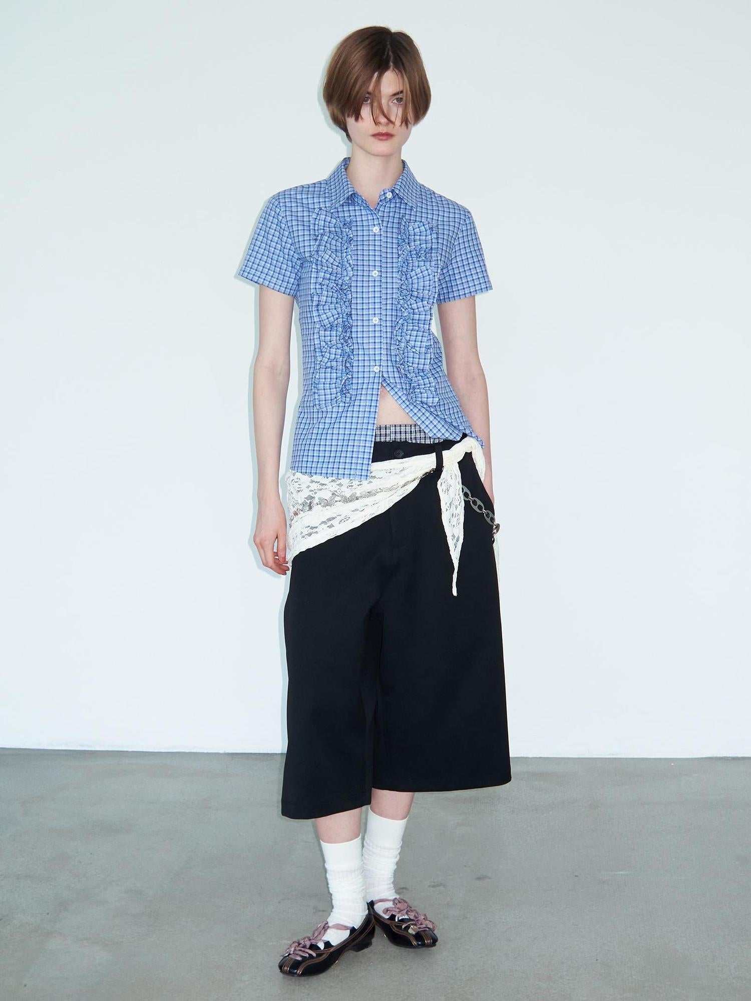 Delivery Ruffle Lace Trim Blue Check Slim Fit Short Sleeve Shirt