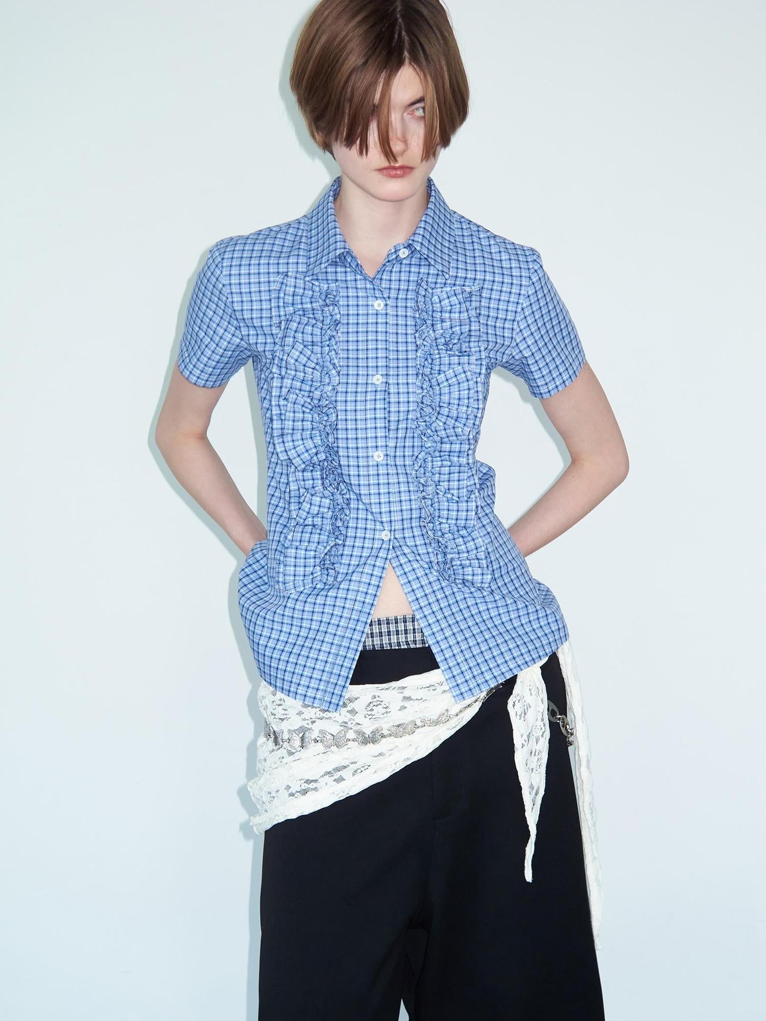 Delivery Ruffle Lace Trim Blue Check Slim Fit Short Sleeve Shirt